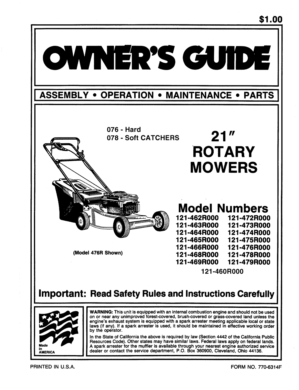 MTD 121-476R000, 121-473R000, 121-466R000, 121-468R000, 121-462R000 User Manual