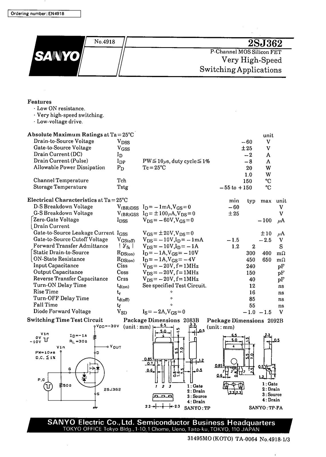 SANYO 2SJ362 Datasheet