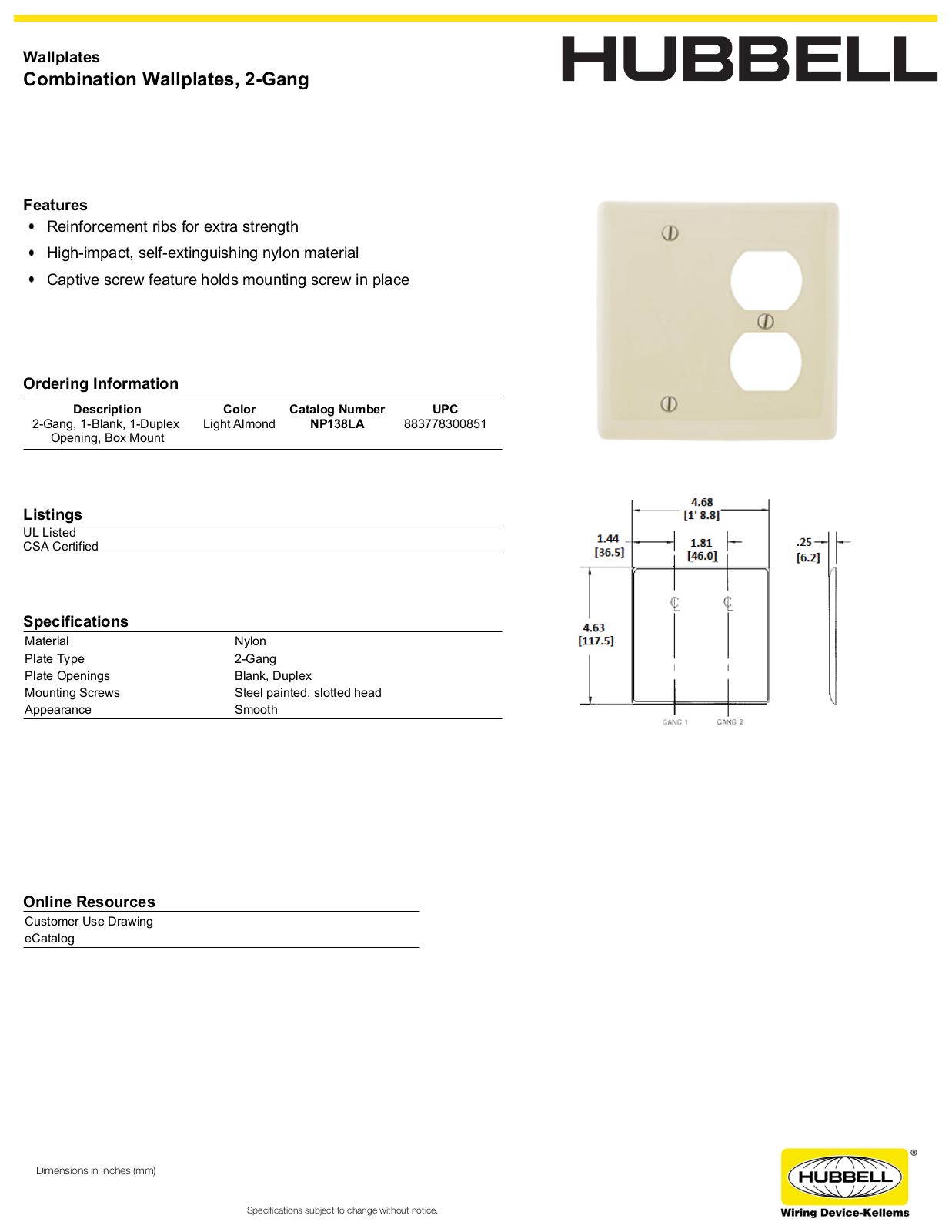 Hubbell NP138LA Specifications