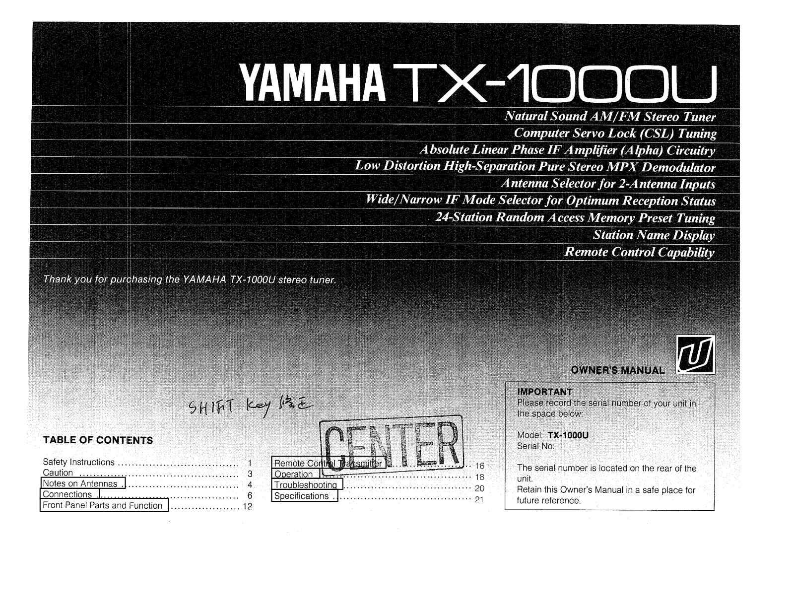 YAMAHA TX-1000U User Manual