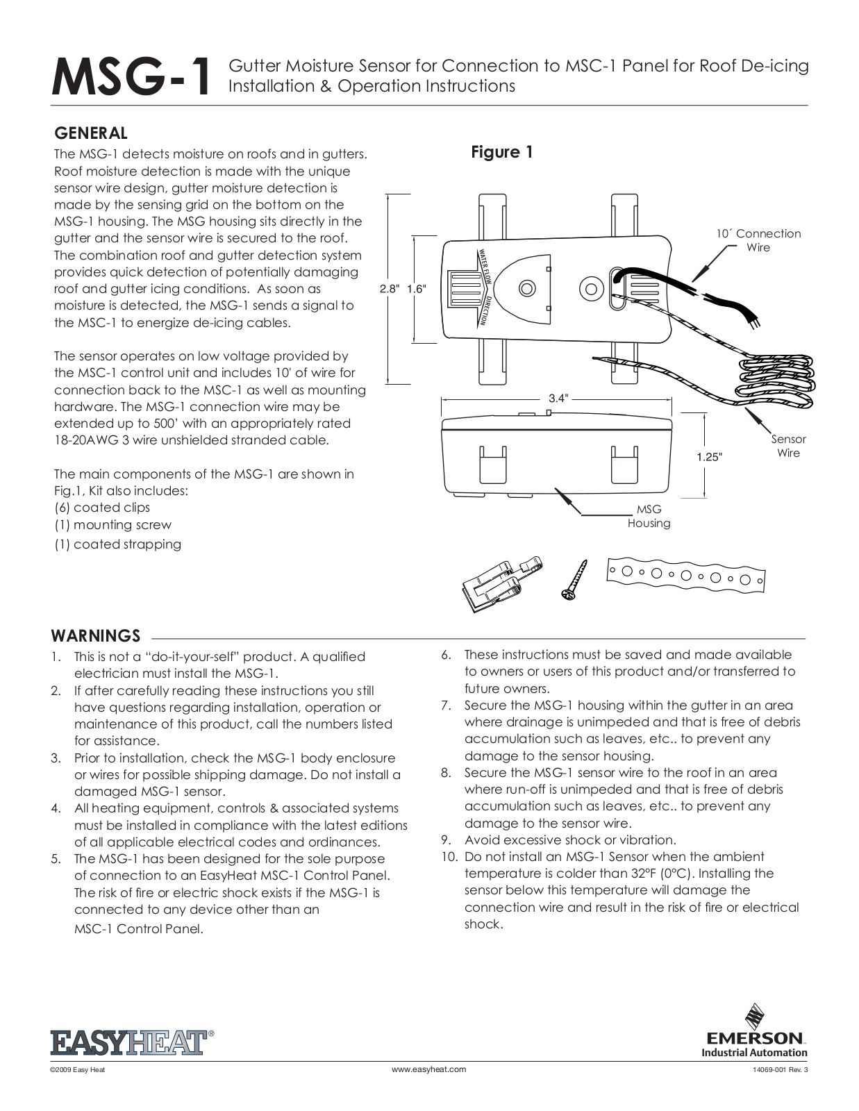 EasyHeat EasyHeat MSG-1 Gutter Moisture Sensor, Roof and Gutter De-Icing Controls, 14069-001 Instruction Sheet