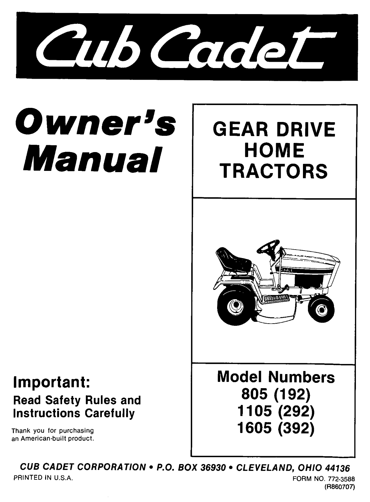 Cub Cadet 1105-292, 805-192, 1605-392 User Manual