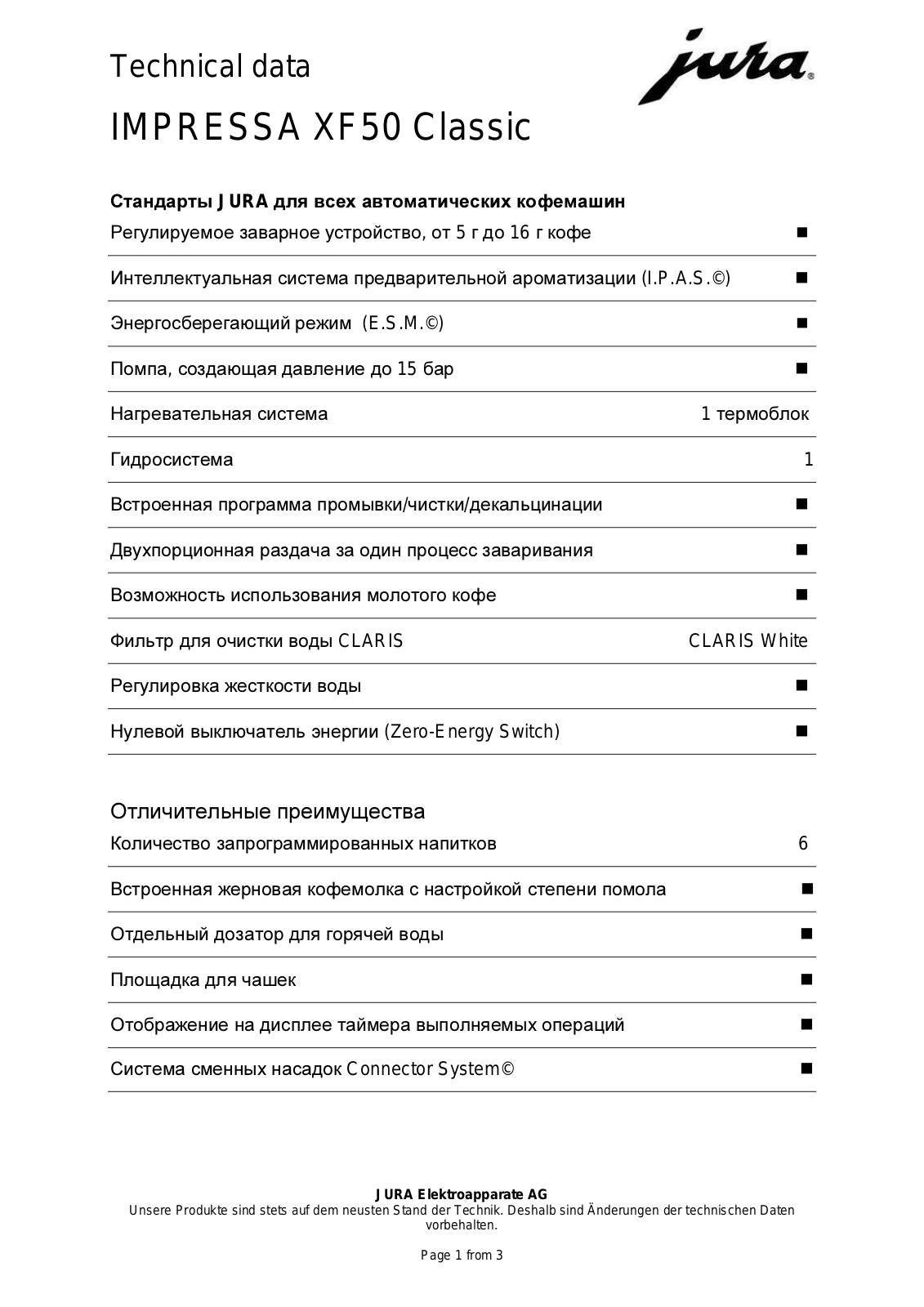 Jura IMPRESSA XF50 Classic Technical data