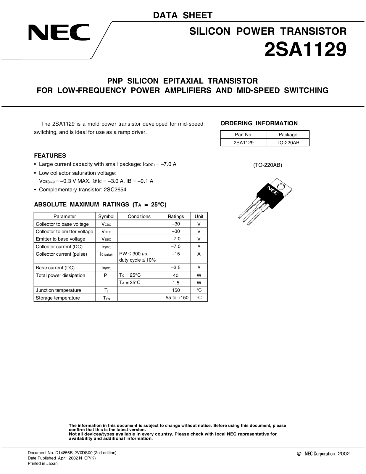 NEC 2SA1129 Technical data