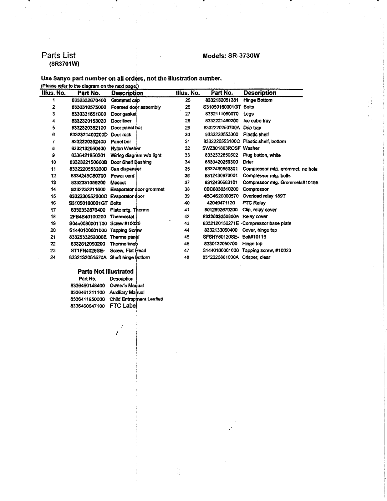 SANYO SR3730W User Manual