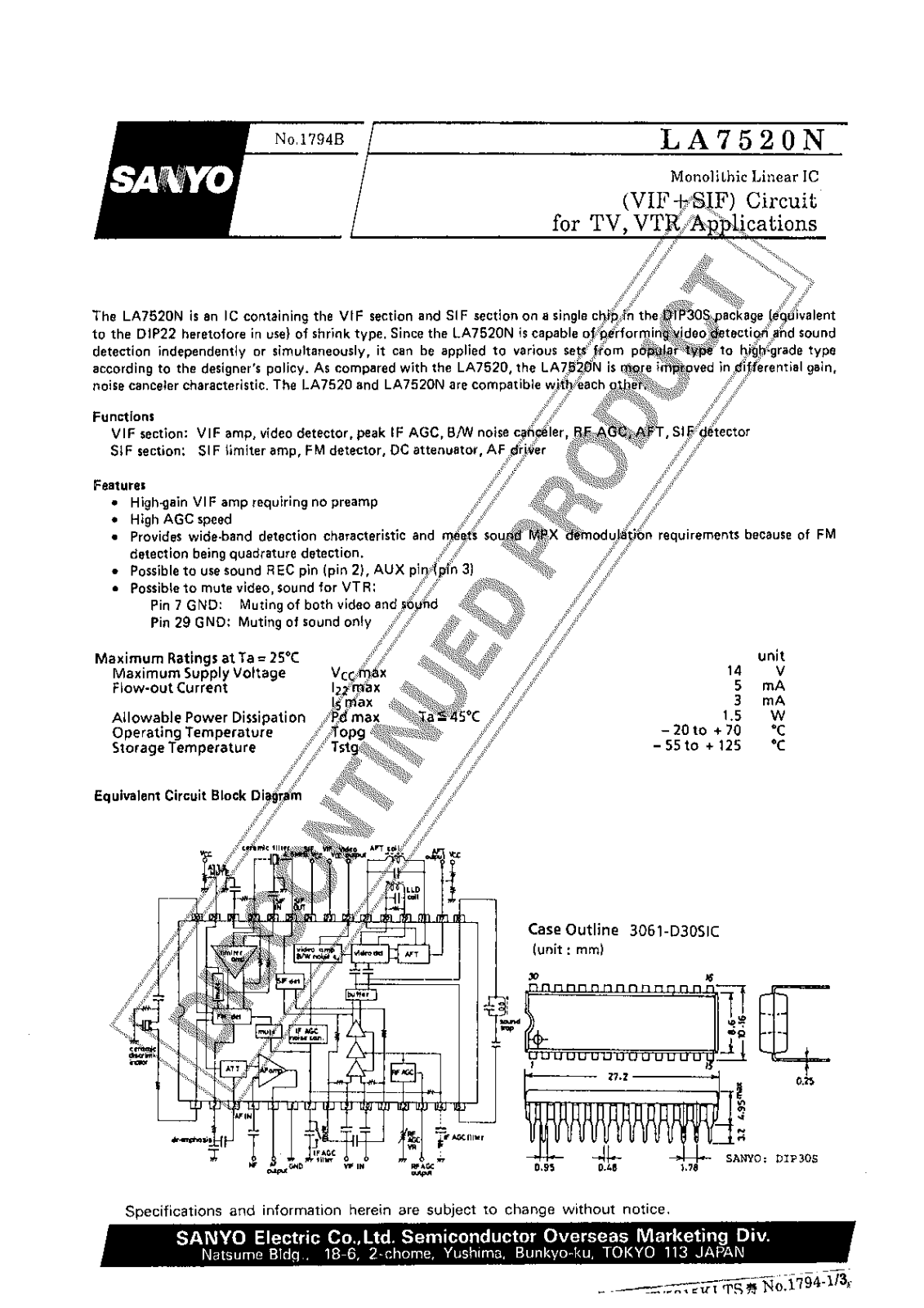 Sanyo LA7520N Specifications