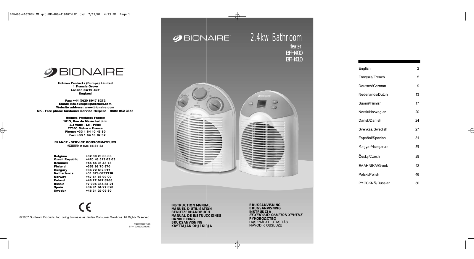 BIONAIRE BFH410-I User Manual