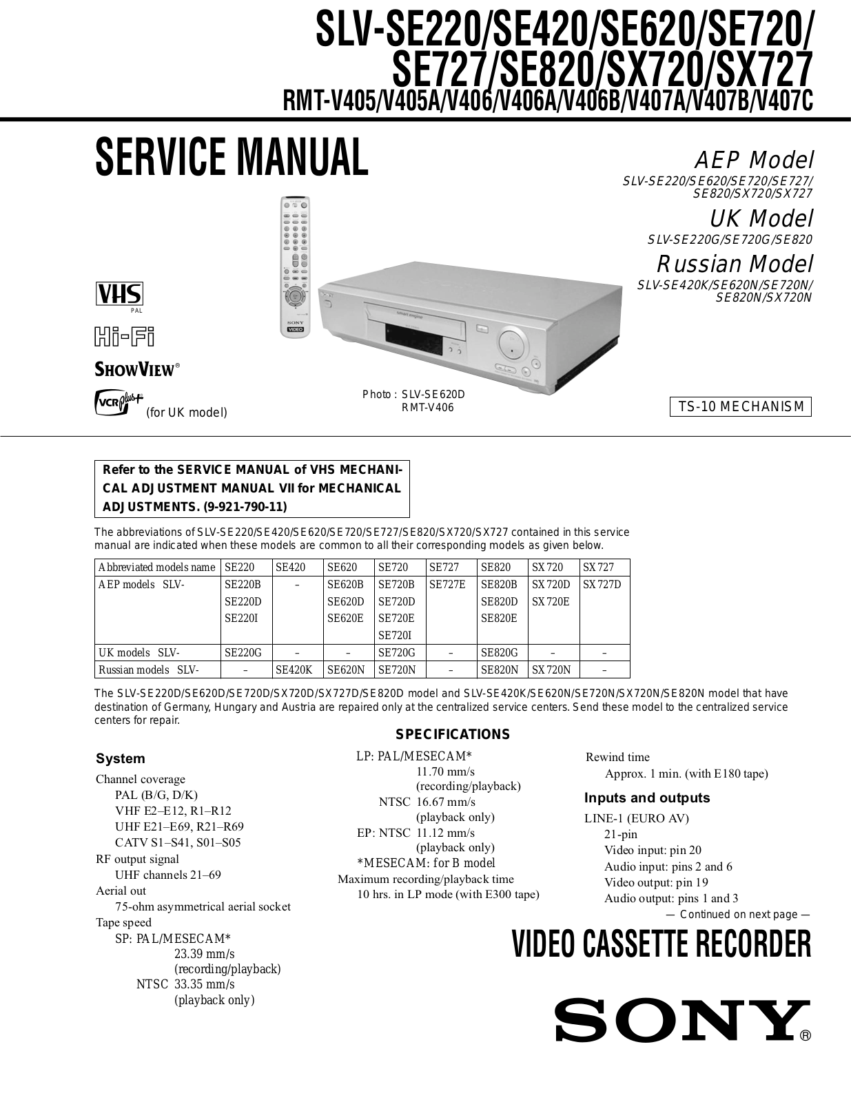 Sony SLV-SE220B, SLV-SE220D, SLV-SE220G, SLV-SE220I, SLV-SE420K Service Manual
