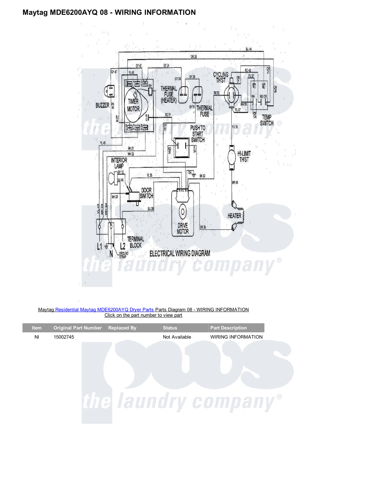 Maytag MDE6200AYQ Parts Diagram