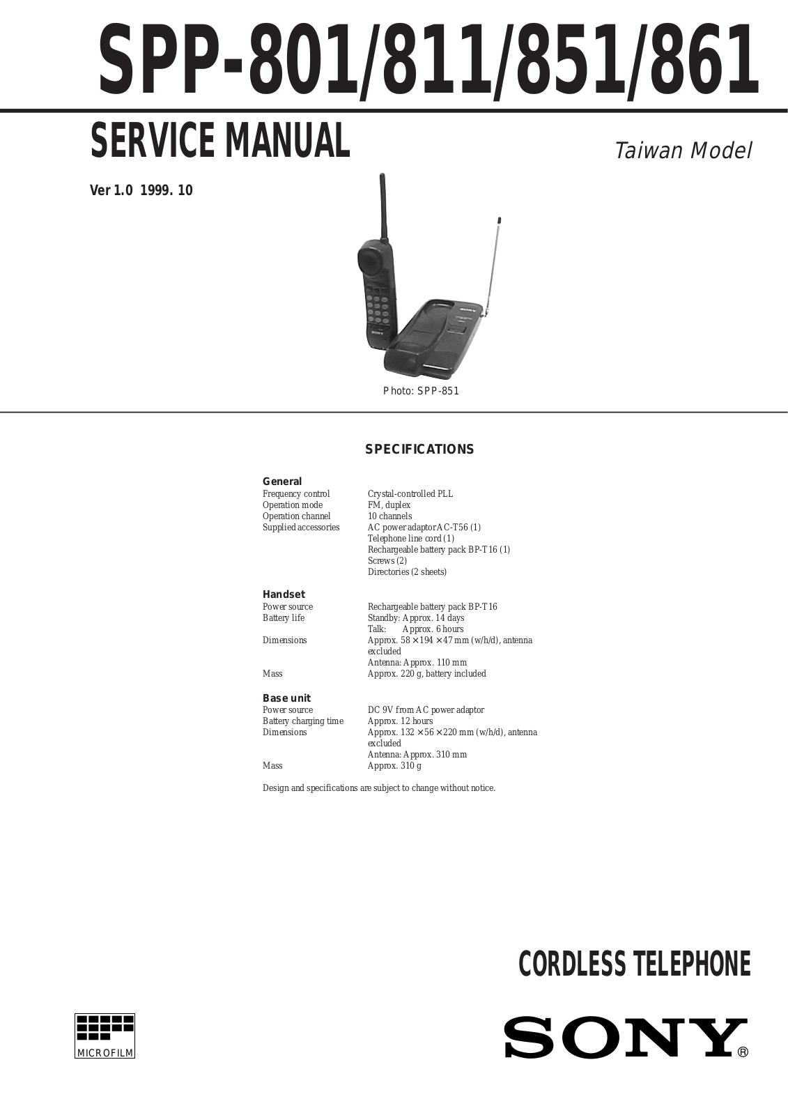 SONY SPP-801, SPP-811, SPP-851, SPP-861 Service Manual