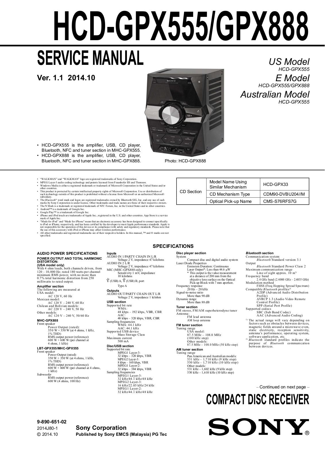 Sony HCD-GPX555, HCD-GPX888 Schematic