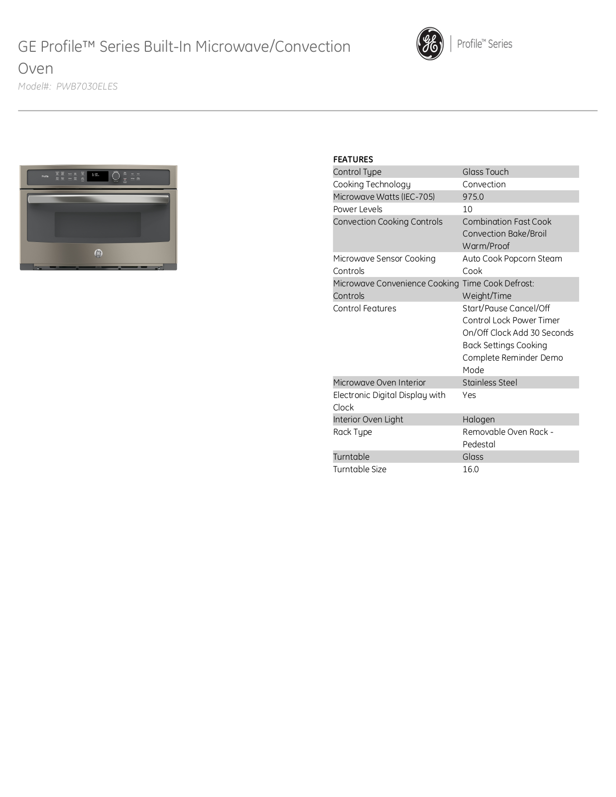 GE Profile PWB7030ELES Specifications