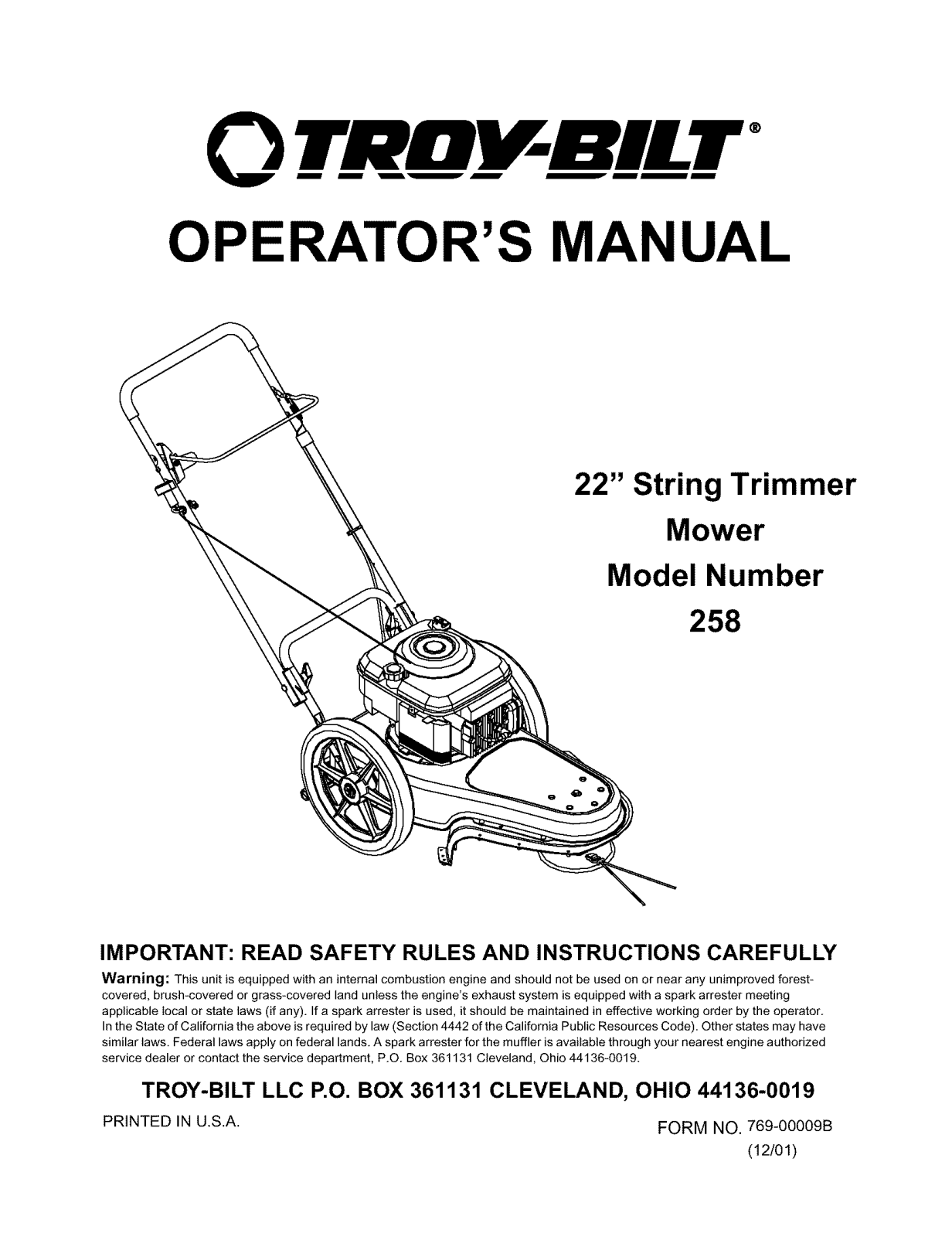 Troybilt 25A-258E063, 25A-258D063-2001, 25A-256O063 Owner’s Manual