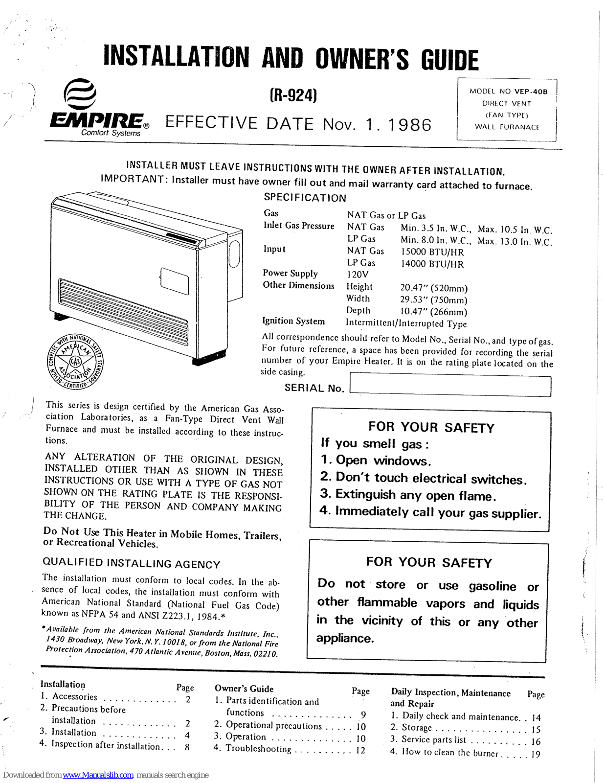 Empire Comfort Systems VEP-40B Installation And Owner's Manual