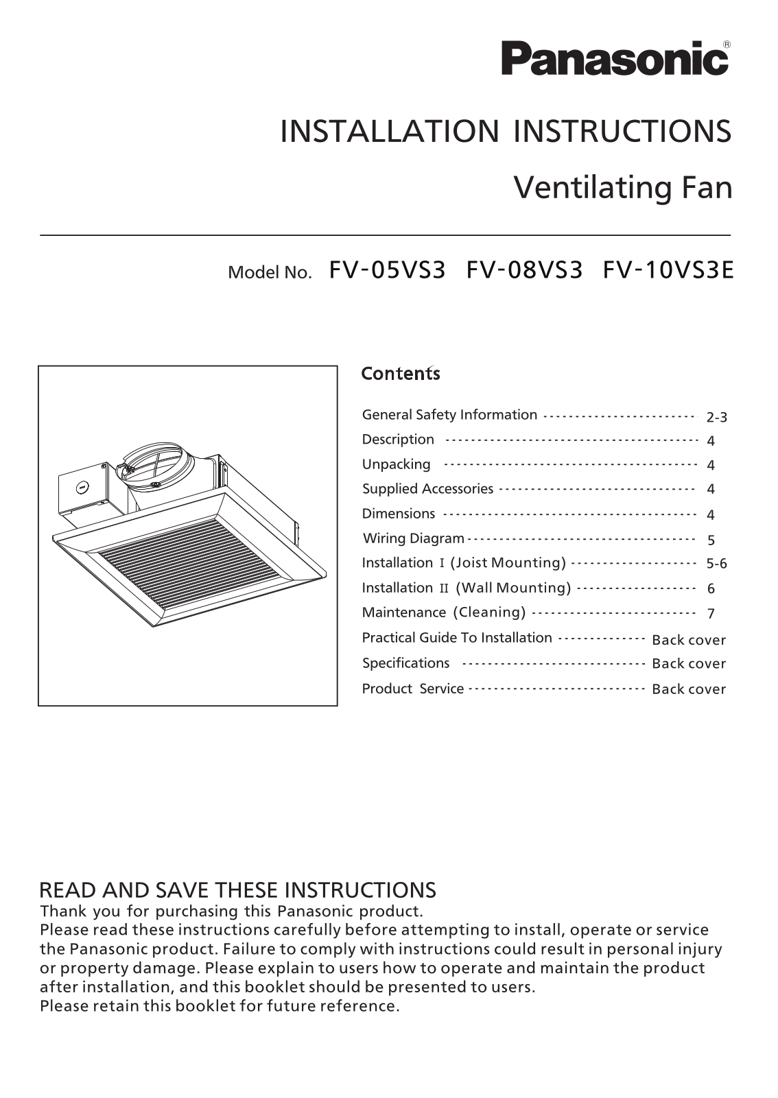 Panasonic FV-10VS3E, FV-08VS3, FV-05VS3 User Manual