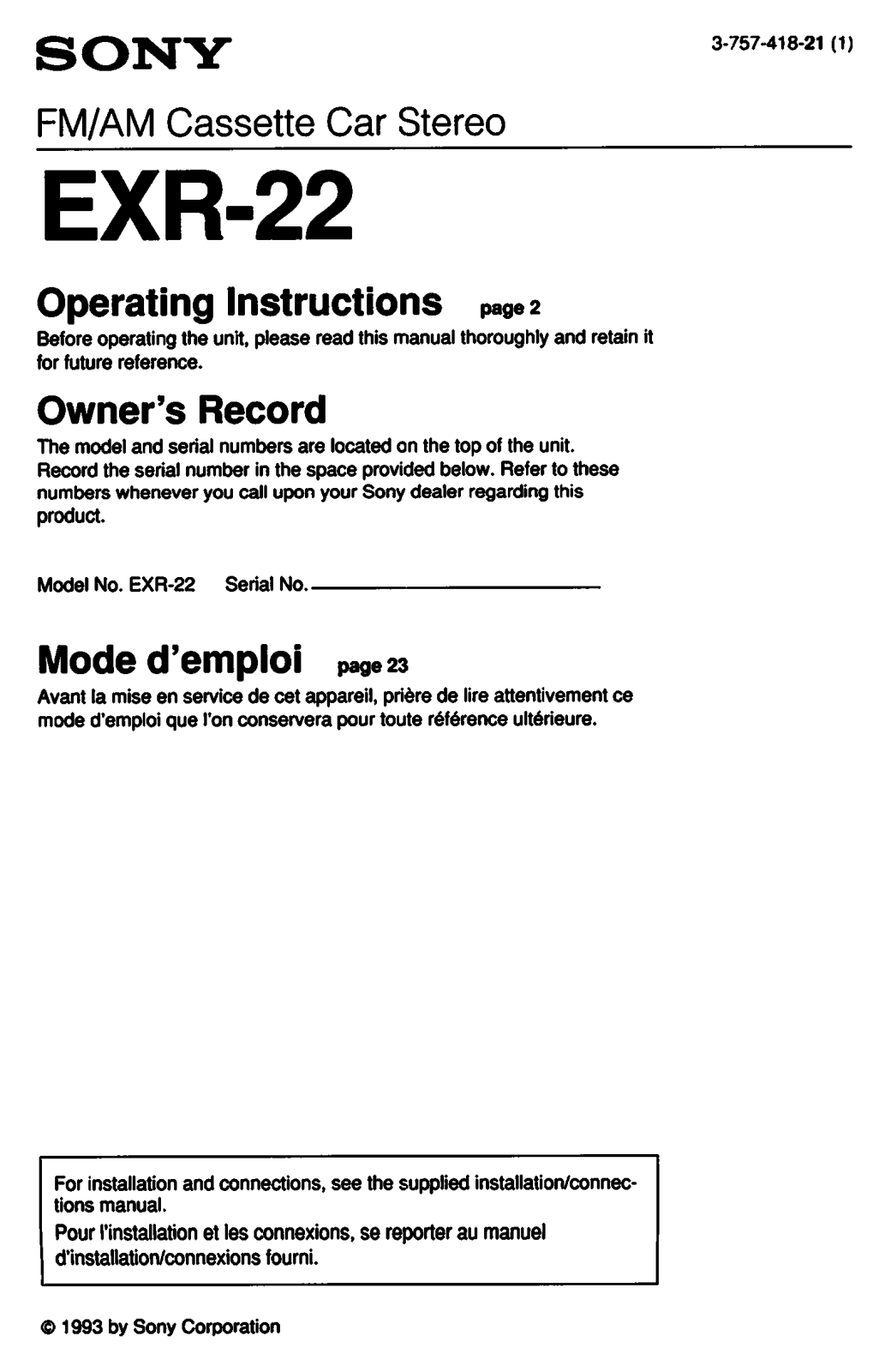 Sony EXR-22 Operating Manual