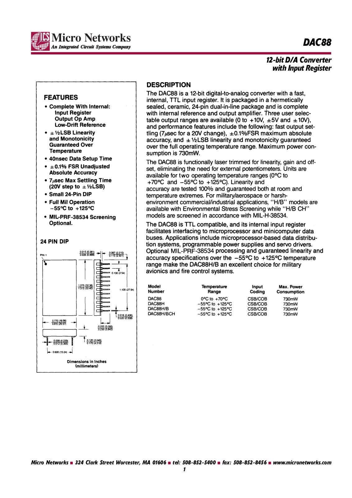 Micro Networks DAC88H-BCH, DAC88H-B, DAC88H, DAC88 Datasheet