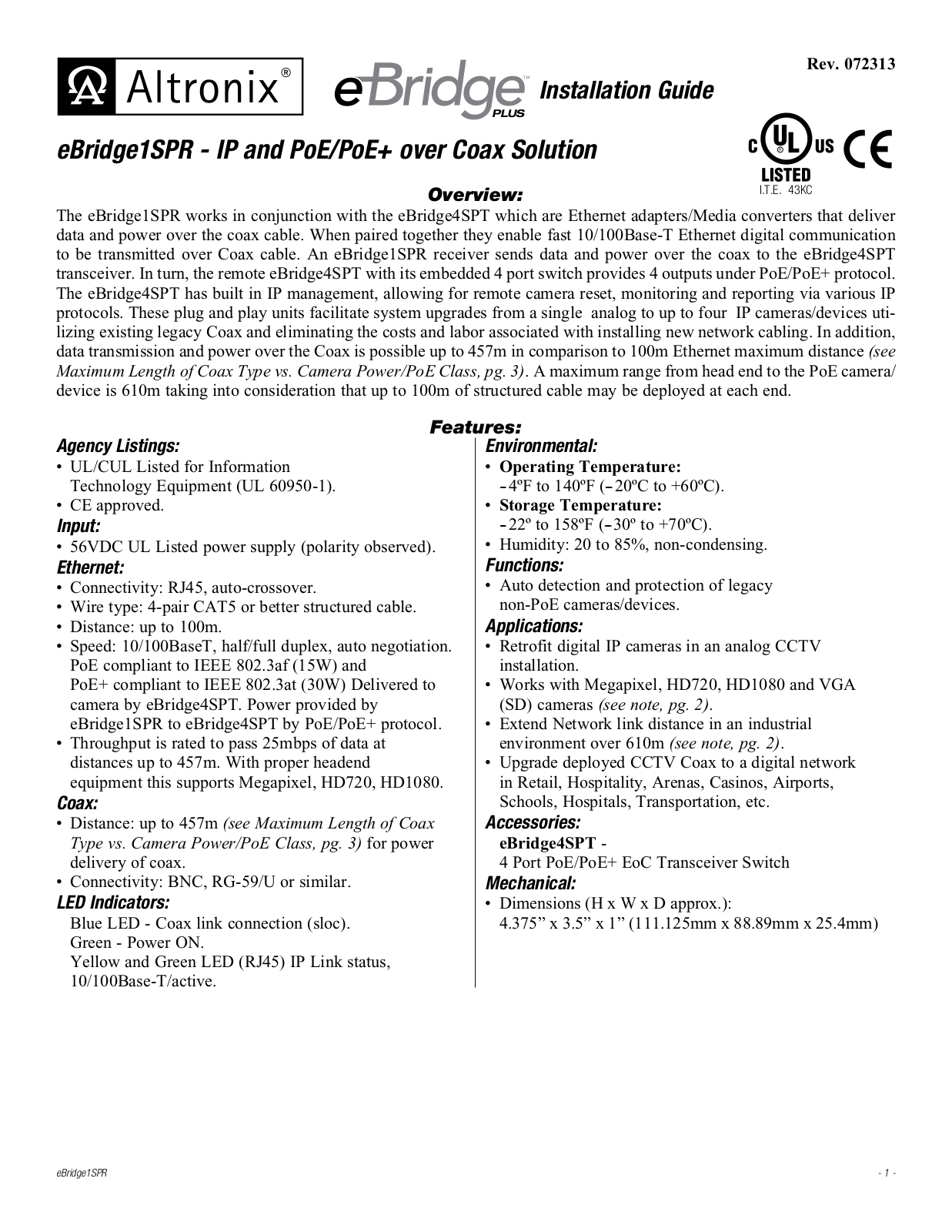 Altronix EBRIDGE1SPR User Manual