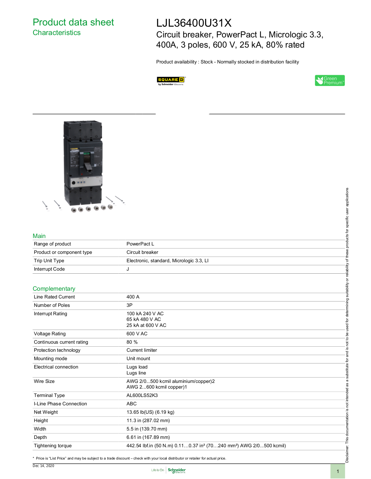 Square D LJL36400U31X Data Sheet - ManualMachine.com