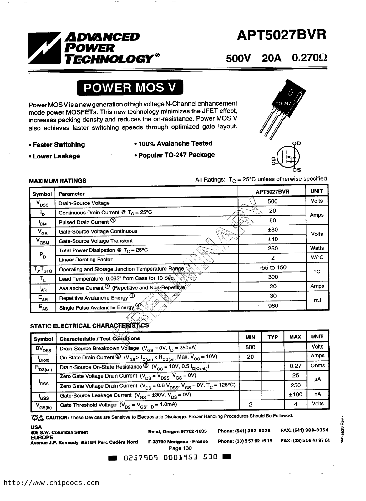 Advanced Power Technology APT APT5027BVR Datasheet