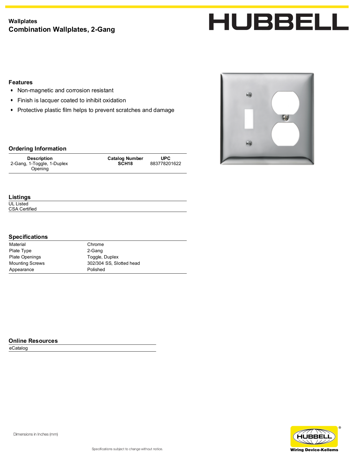 Hubbell SCH18 Specifications