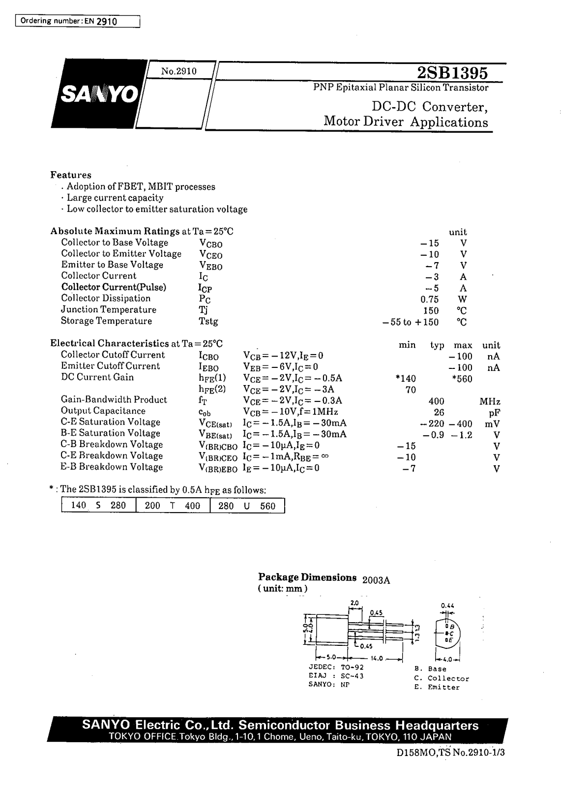 SANYO 2SB1395 Datasheet