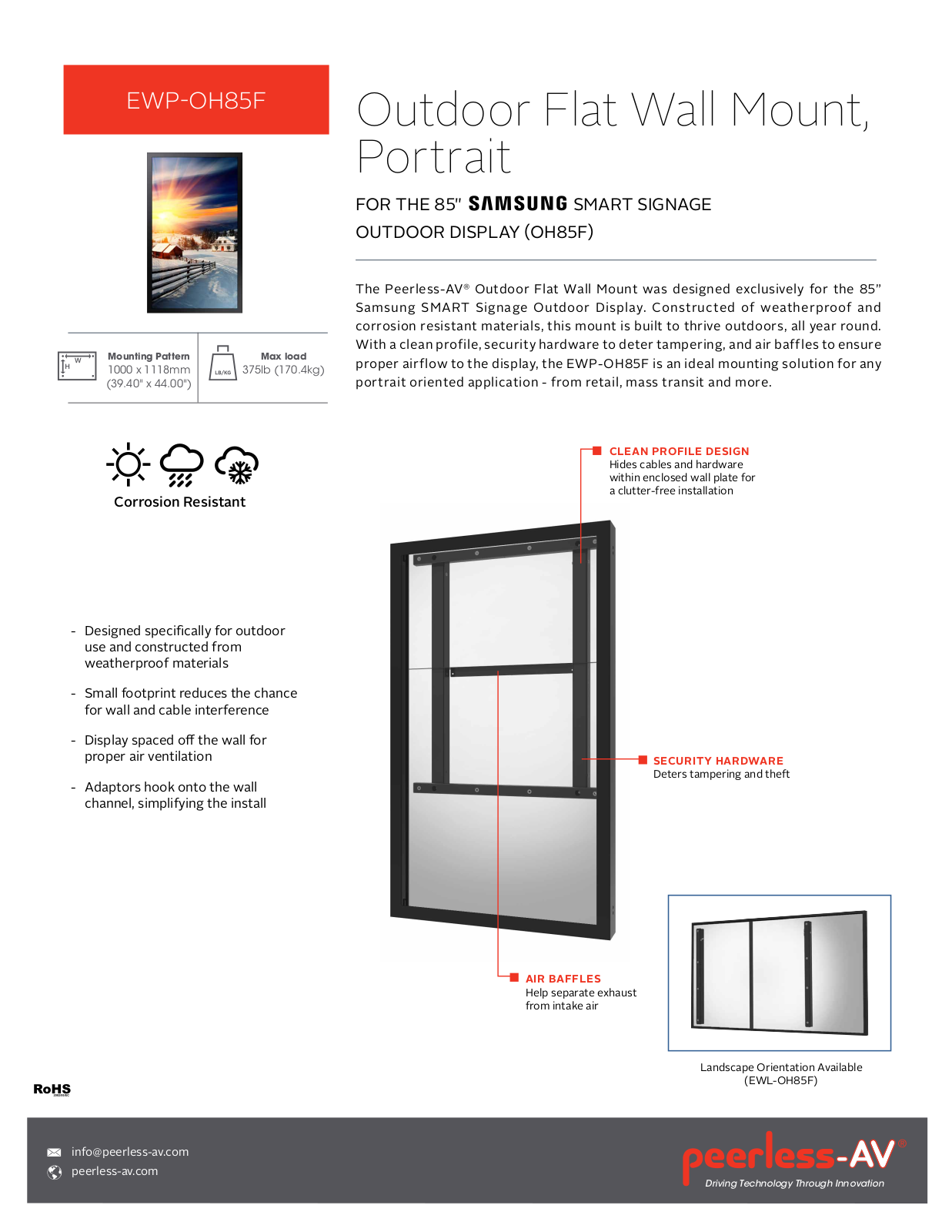 Peerless-AV EWP-OH85F Specsheet