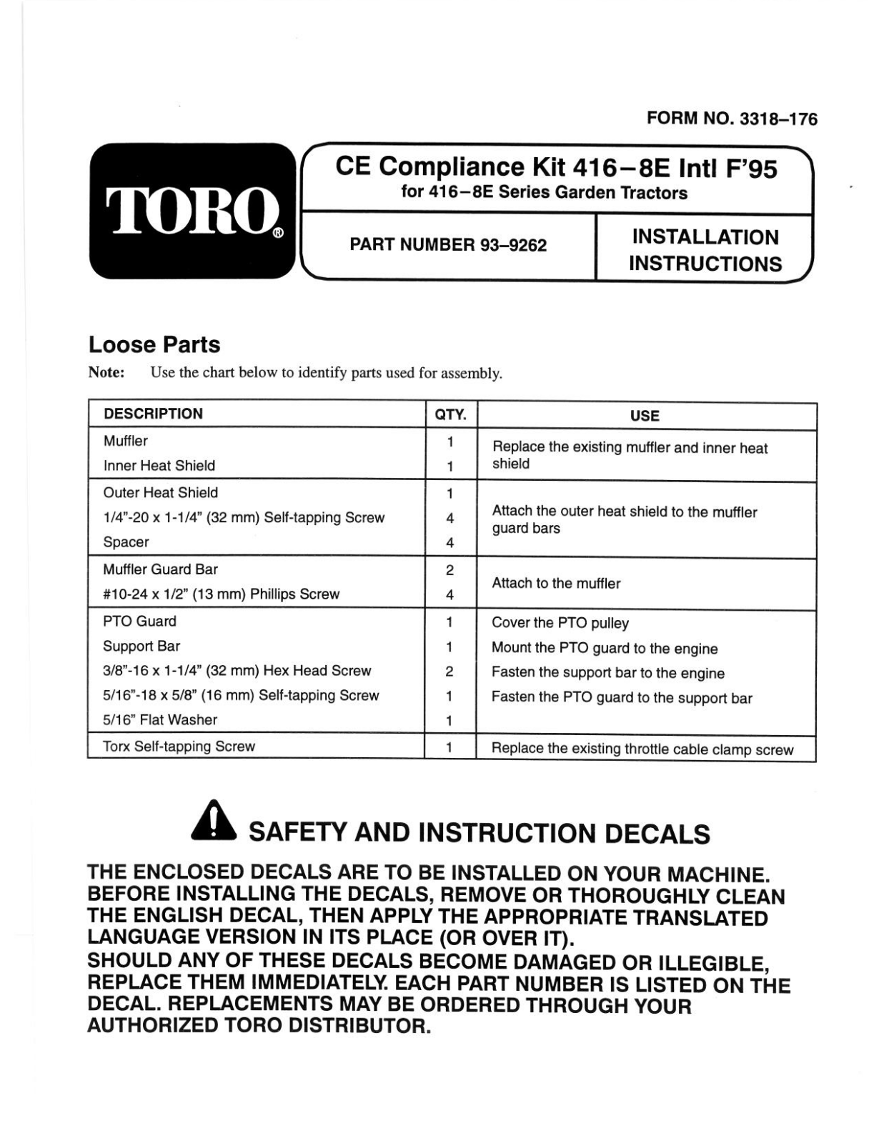 Toro 93-9262 Installation Instructions