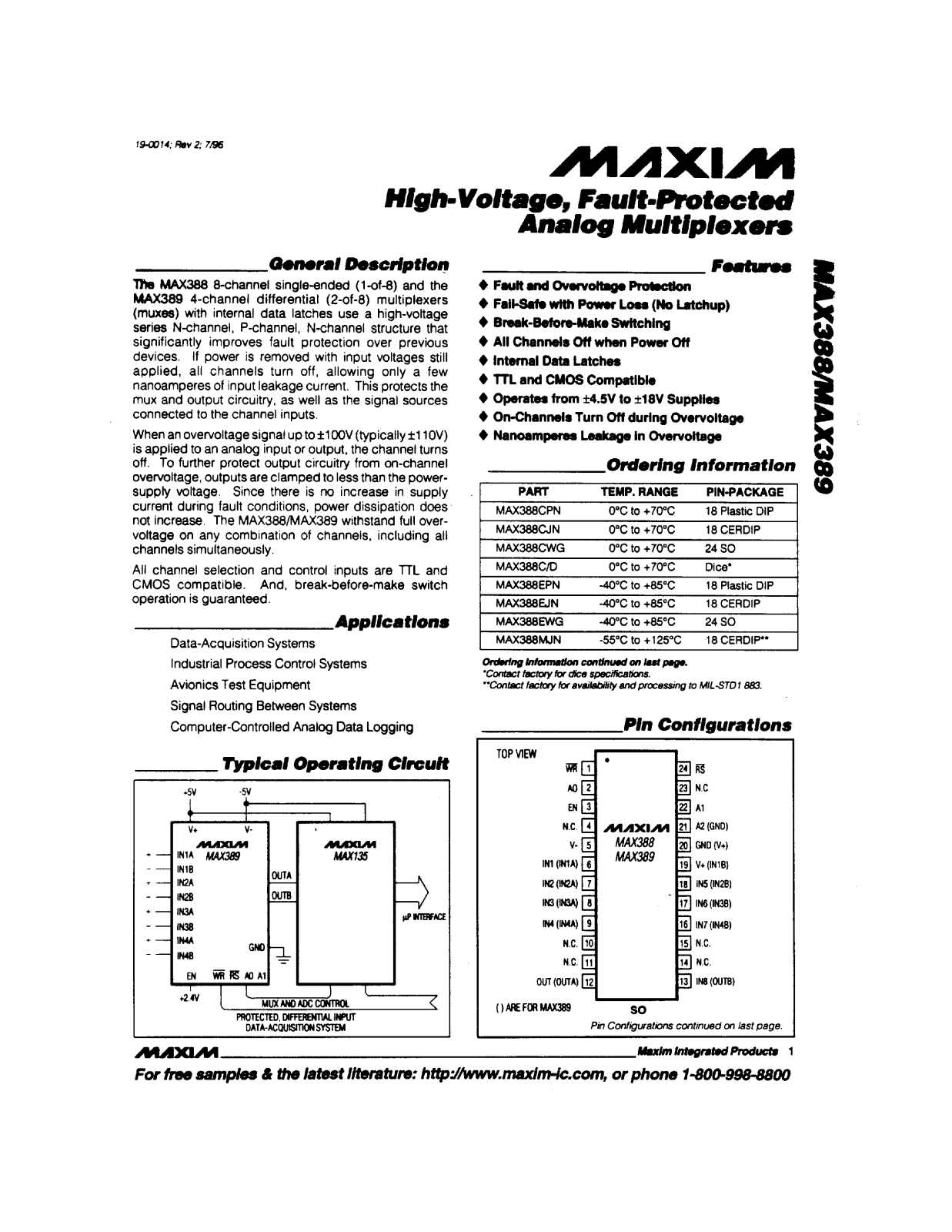 Maxim MAX389MJN, MAX389EJN, MAX389CWG, MAX389CPN, MAX389CJN Datasheet