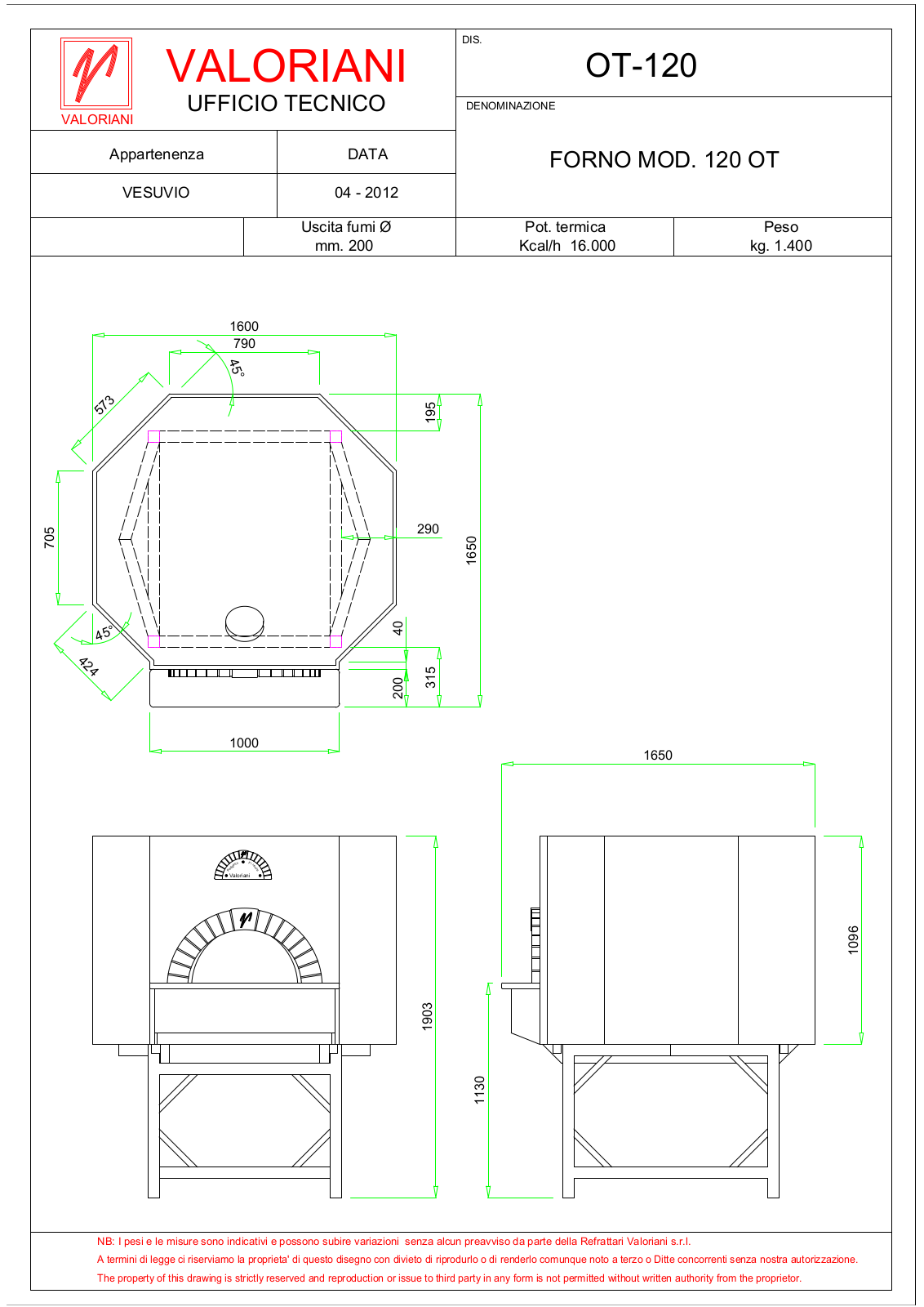 Valoriani Vesuvio 120 OT Dimensions