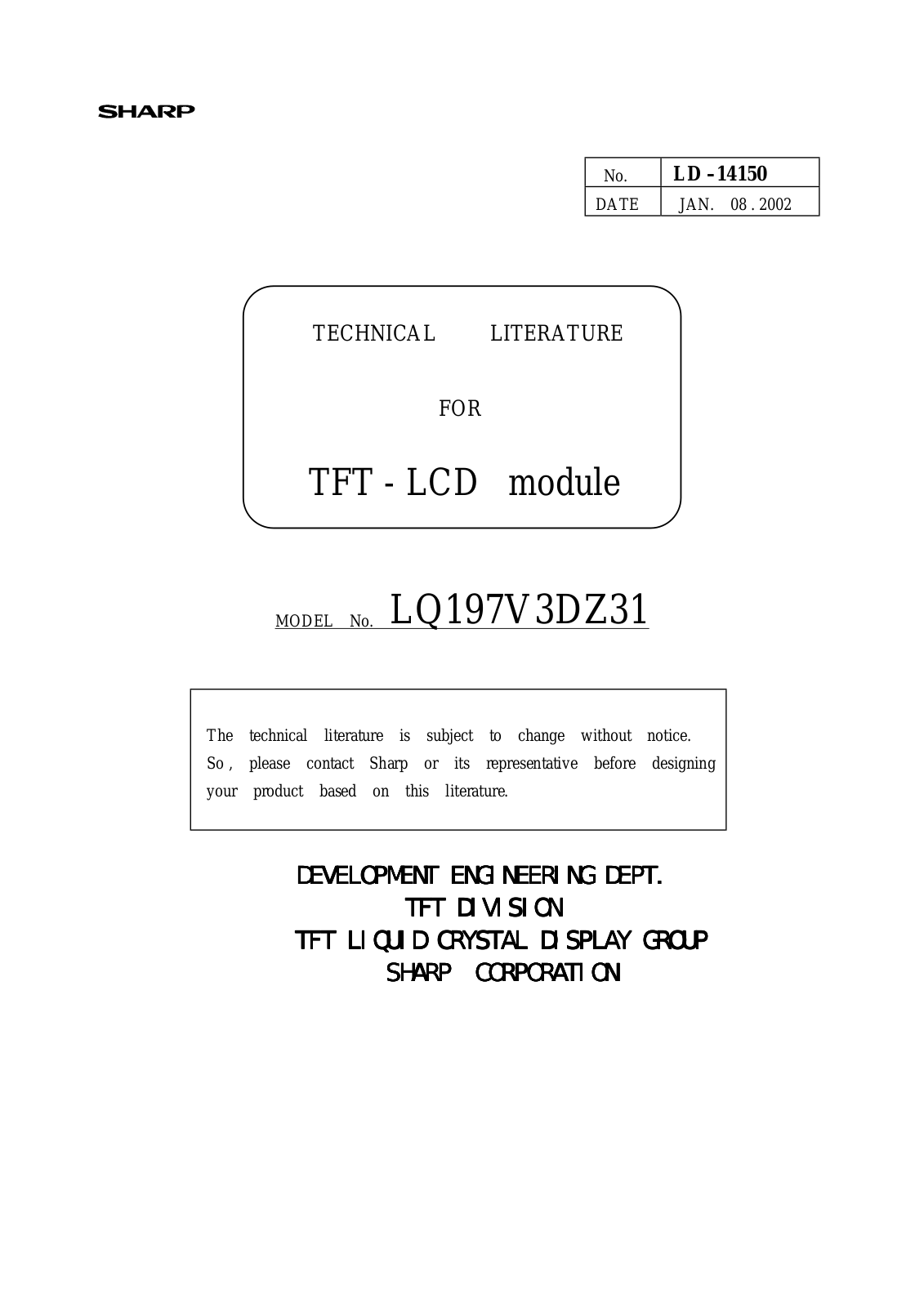 SHARP LQ197V3DZ31 Specification