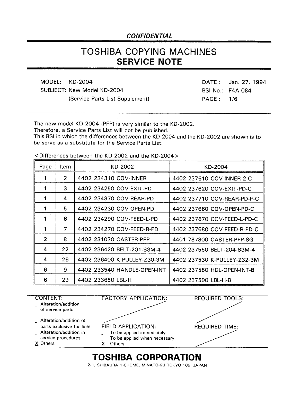 Toshiba f4a084 Service Note