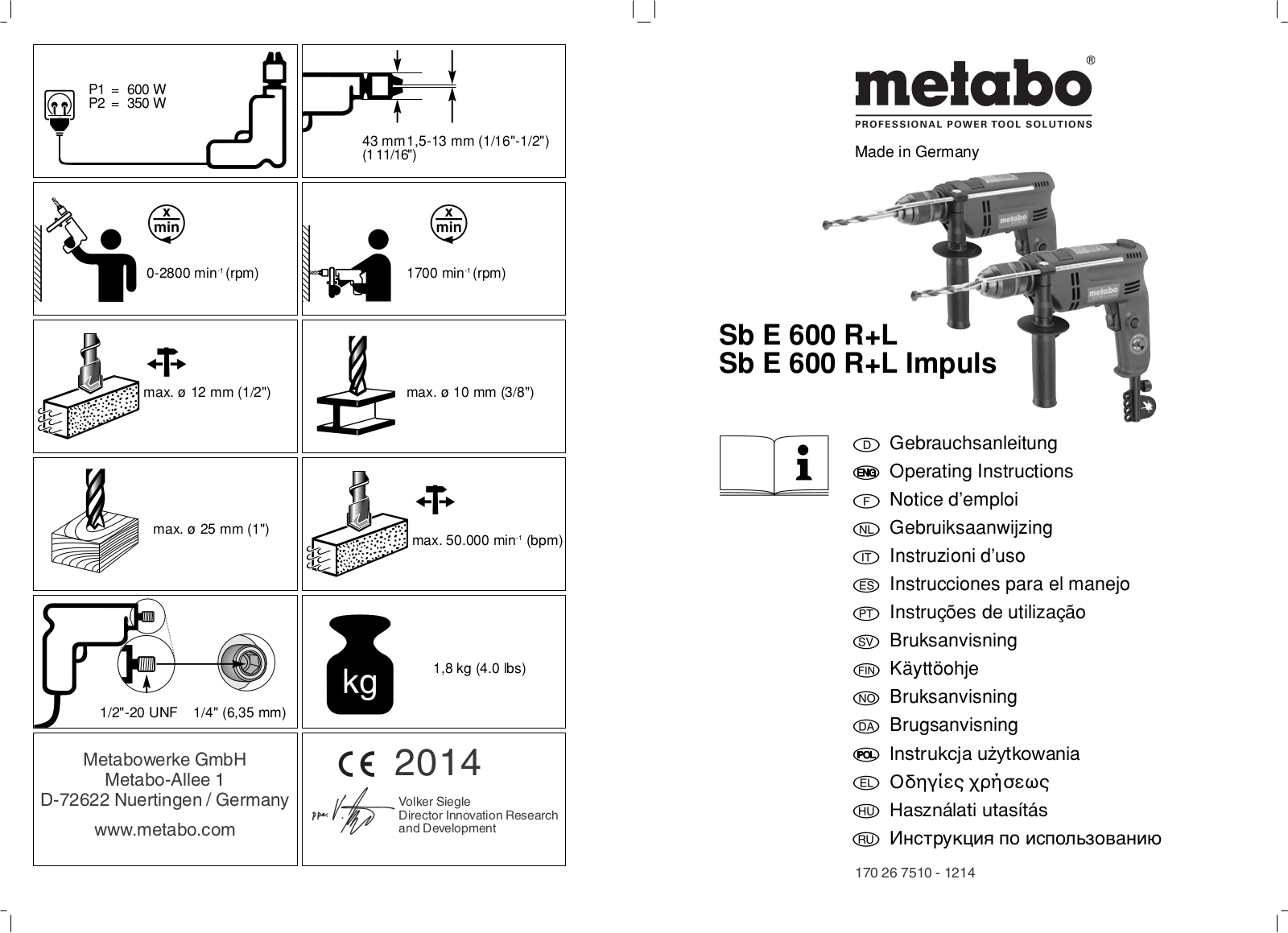 Metabo Sb E 600 R+L, Sb E 600 R+L Impuls User guide - ManualMachine.com