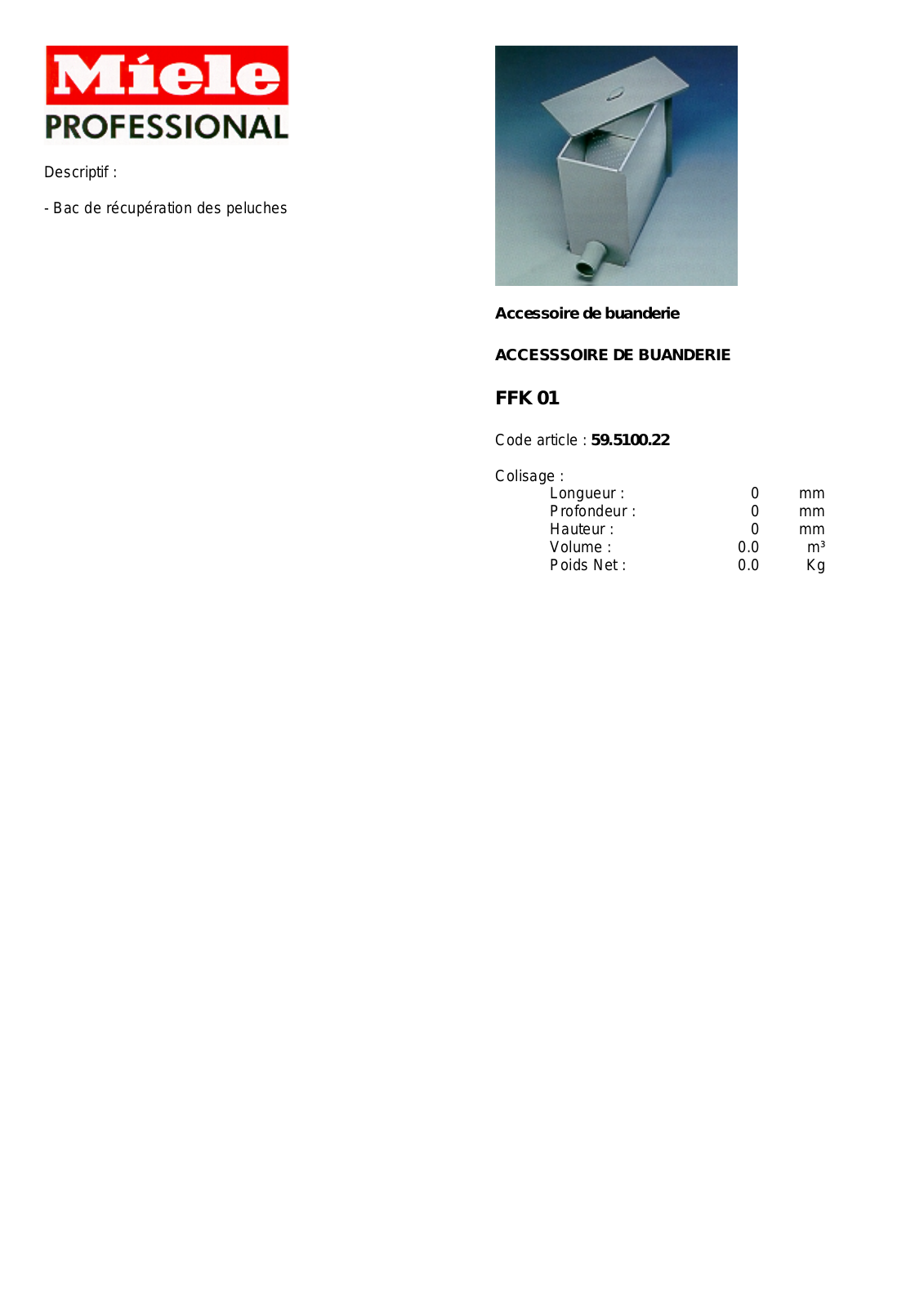 MIELE FFK 01 DESCRIPTIF User Manual