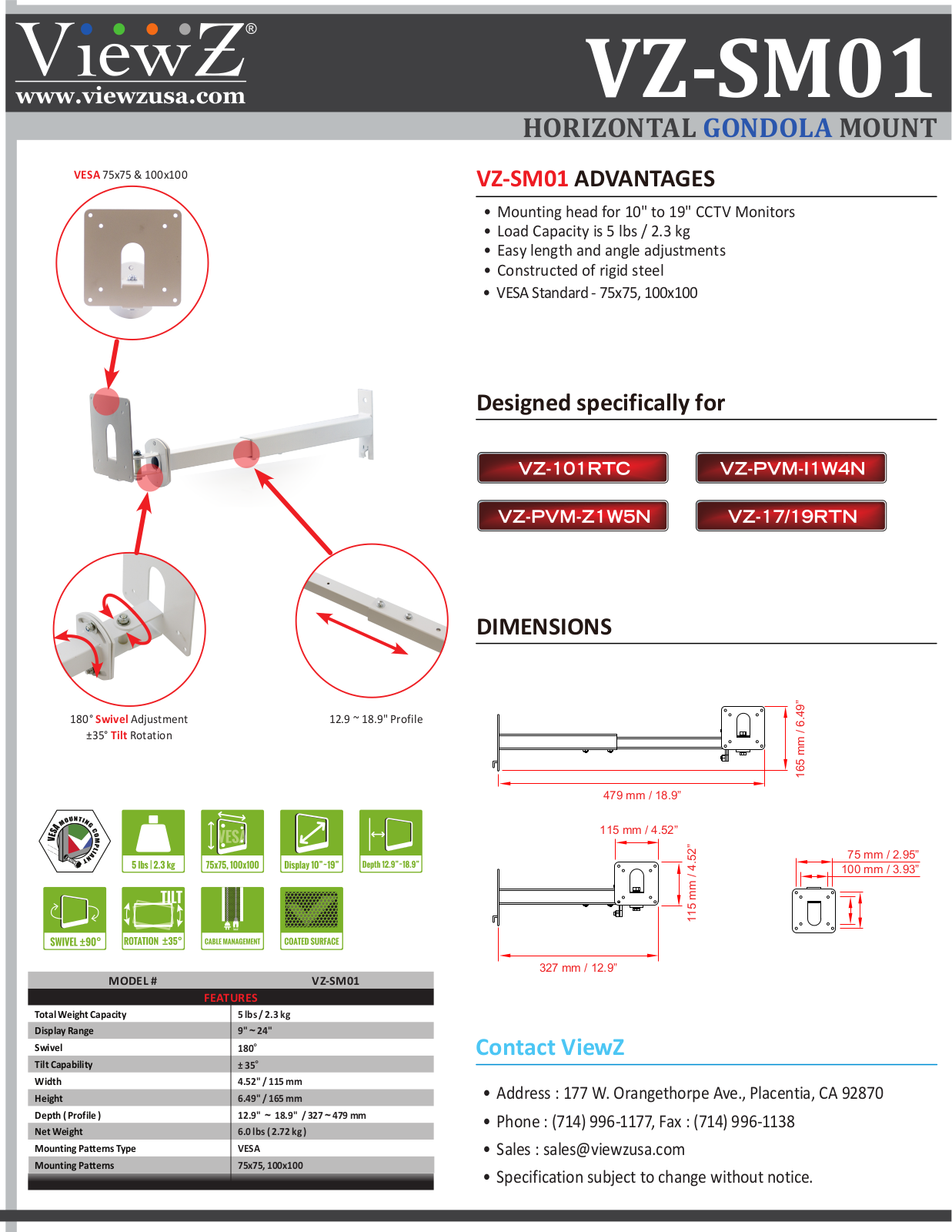 ViewZ VZ-SM01 Specsheet