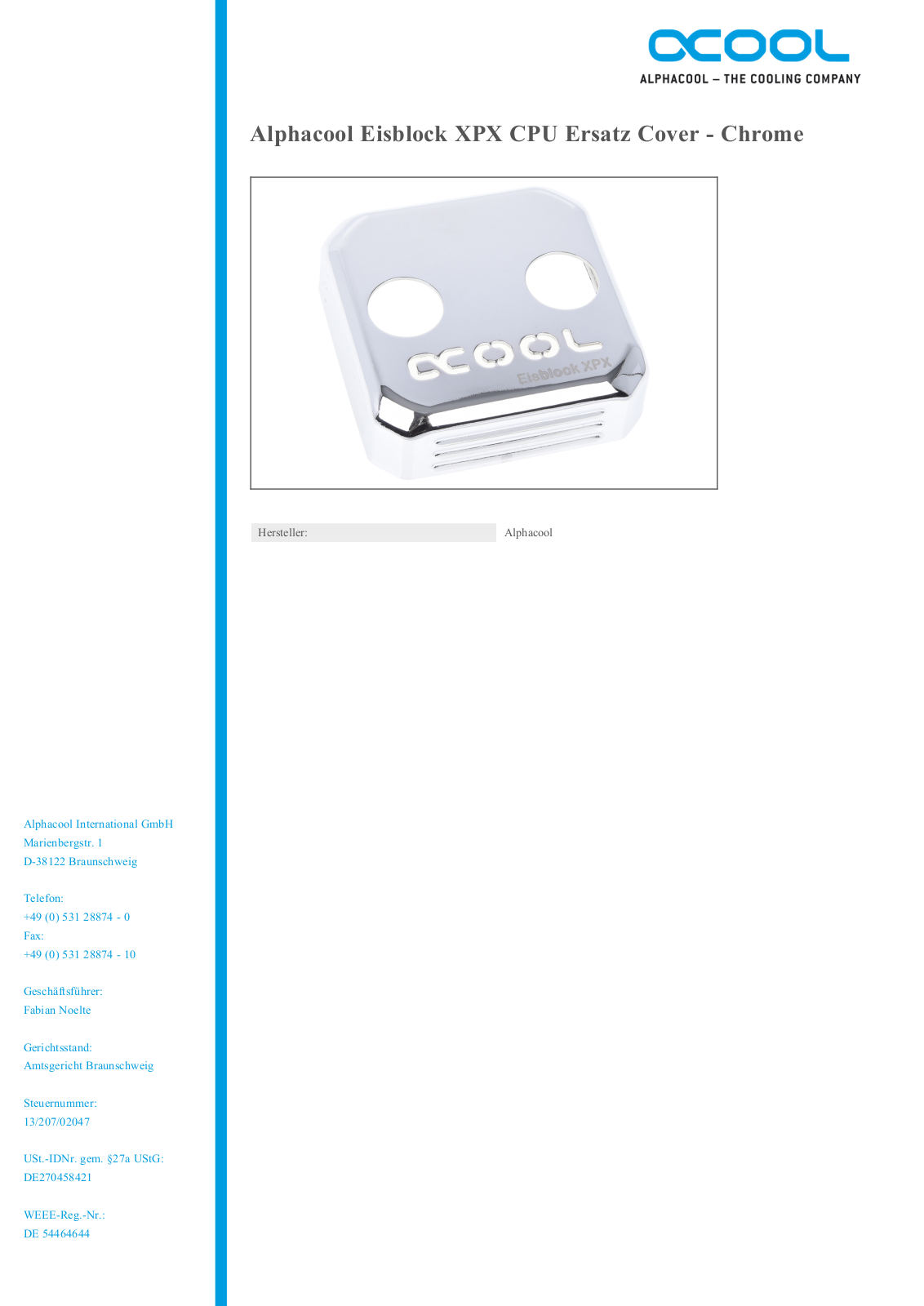 Alphacool Eisblock XPX CPU replacement cover - chrome User Manual