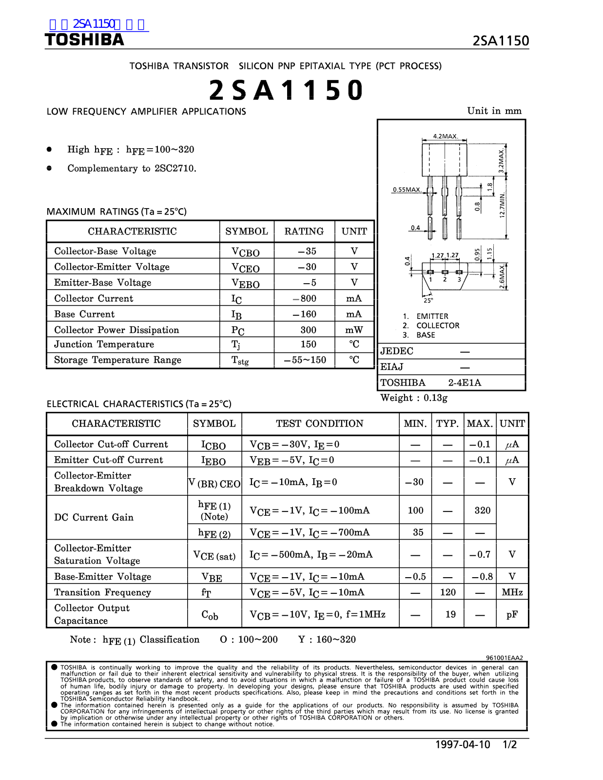 TOSHIBA 2SA1150 Service manual