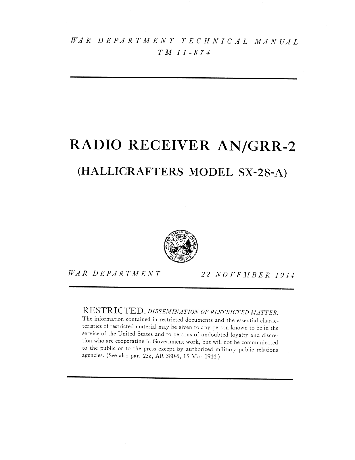 Department of the Army SX-28 A Technical Manual