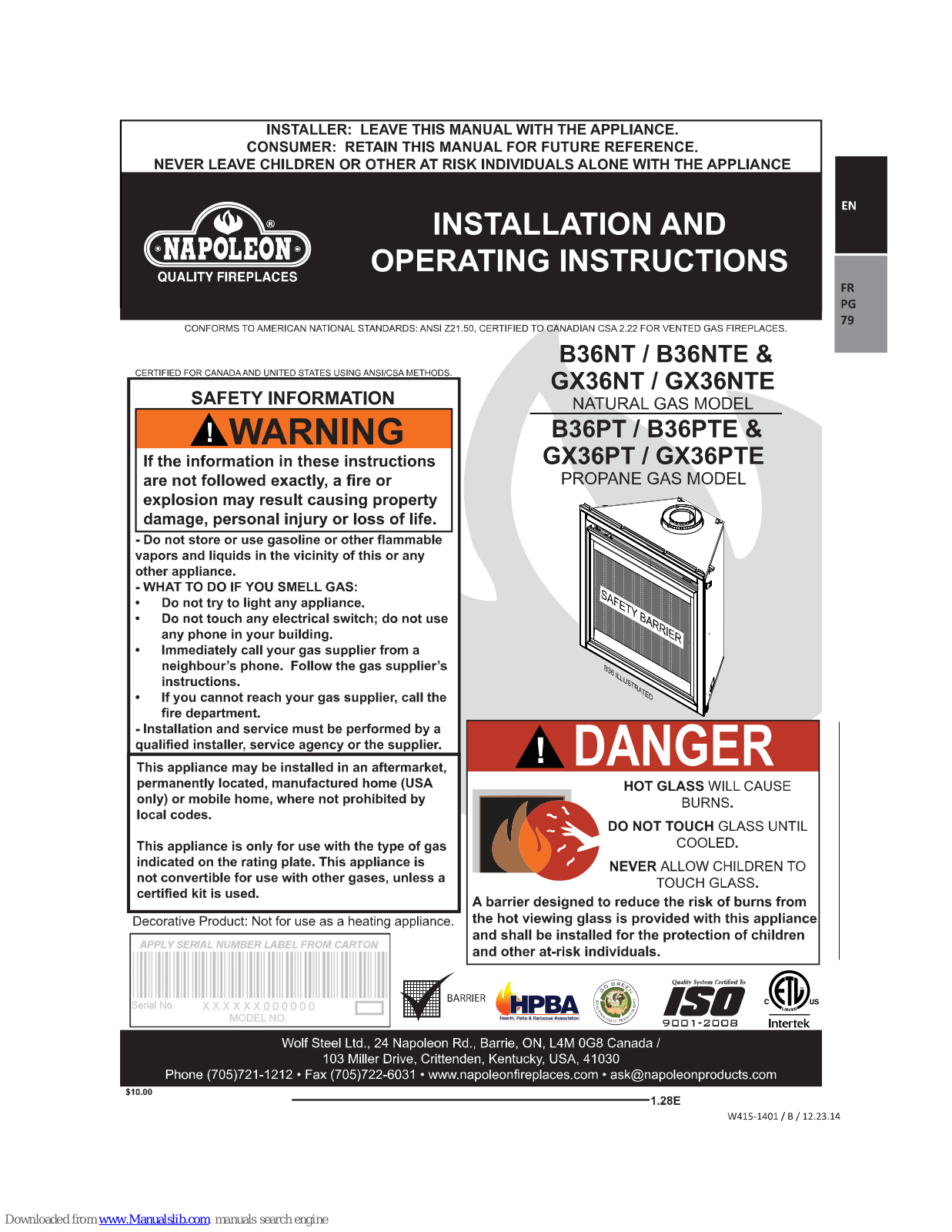 Napoleon B36NT, B36NTE, B36PT, B36PTE, GX36PT Installation And Operation Instructions Manual