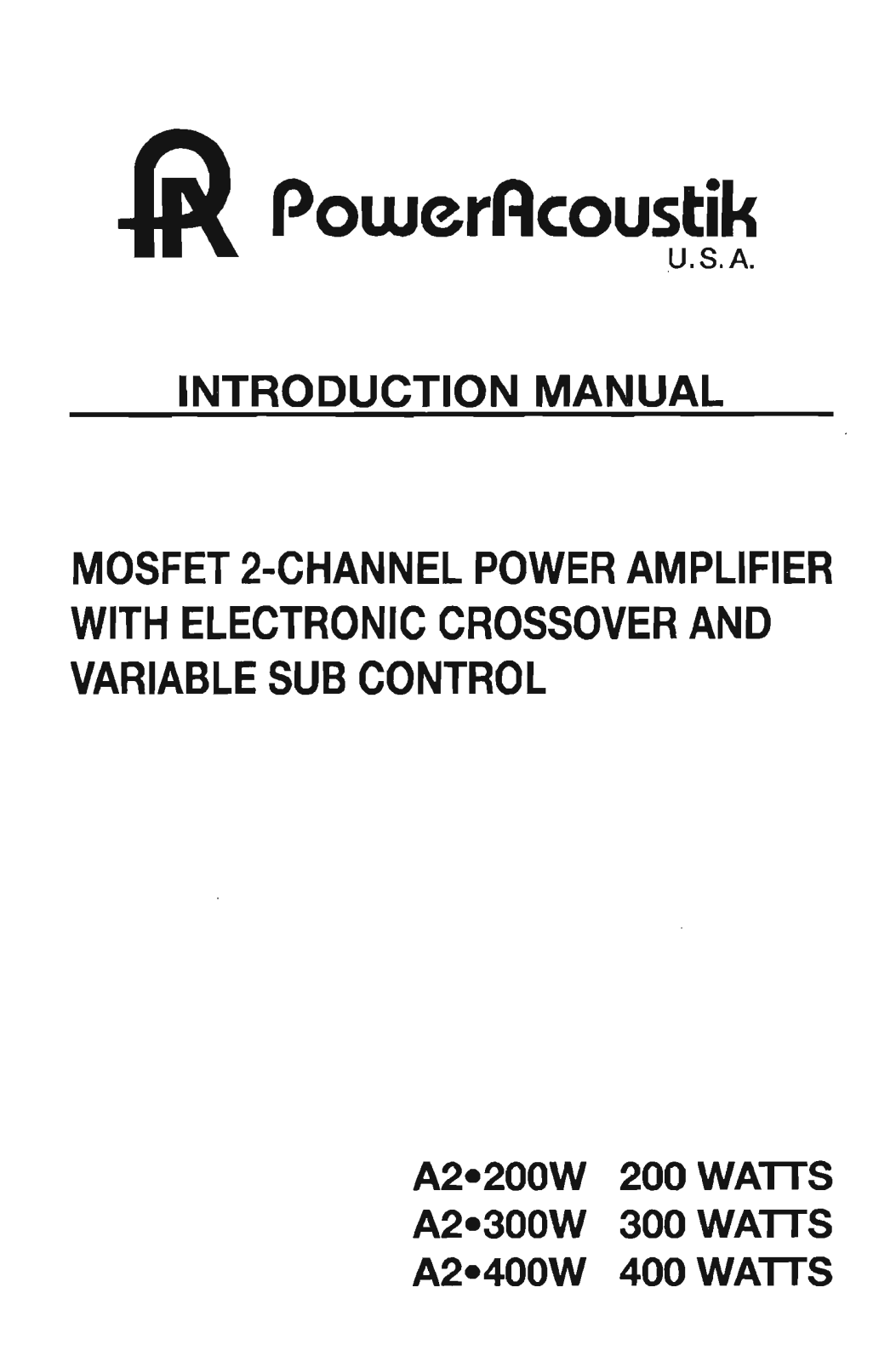 Power Acoustik A2-400W, A2-200W, A2-300W User Manual