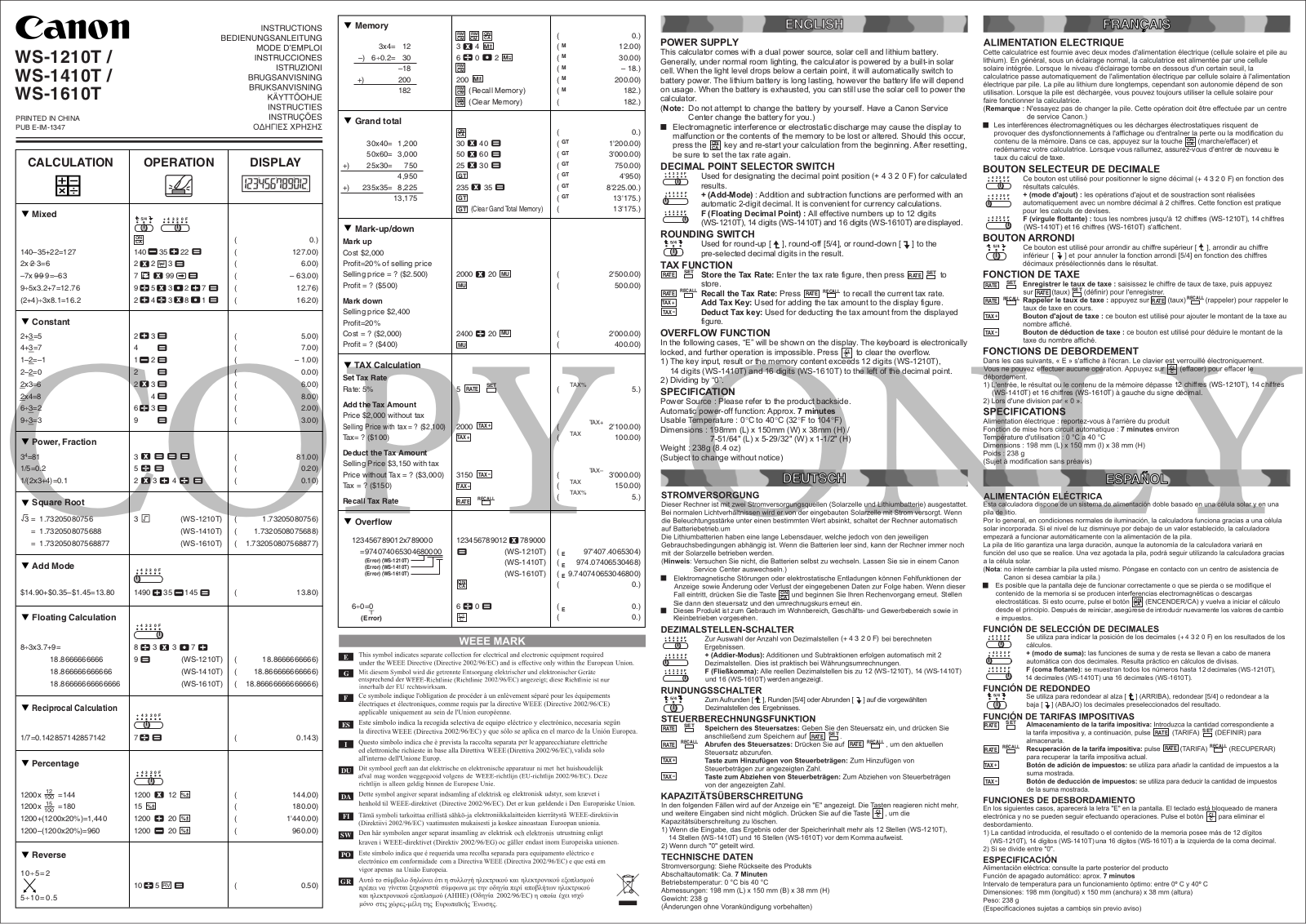 Canon WS-1210T, WS-1410T, WS-1610T user guide