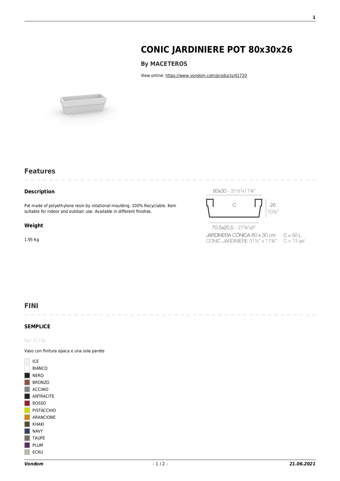 Vondom UCZW2090 Specifications - ManualMachine.com
