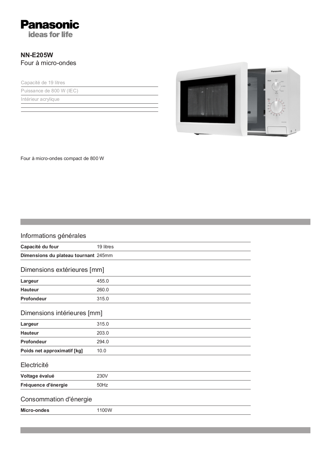 Panasonic NN-E205W User Manual