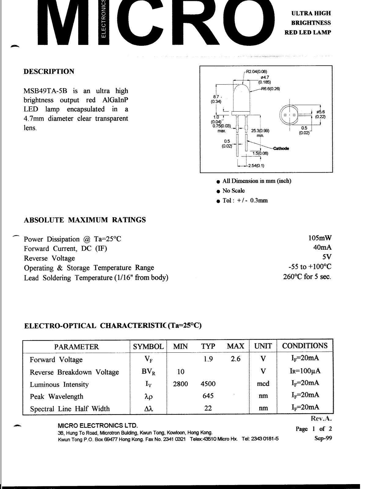 MICRO MSB49TA-5B Datasheet