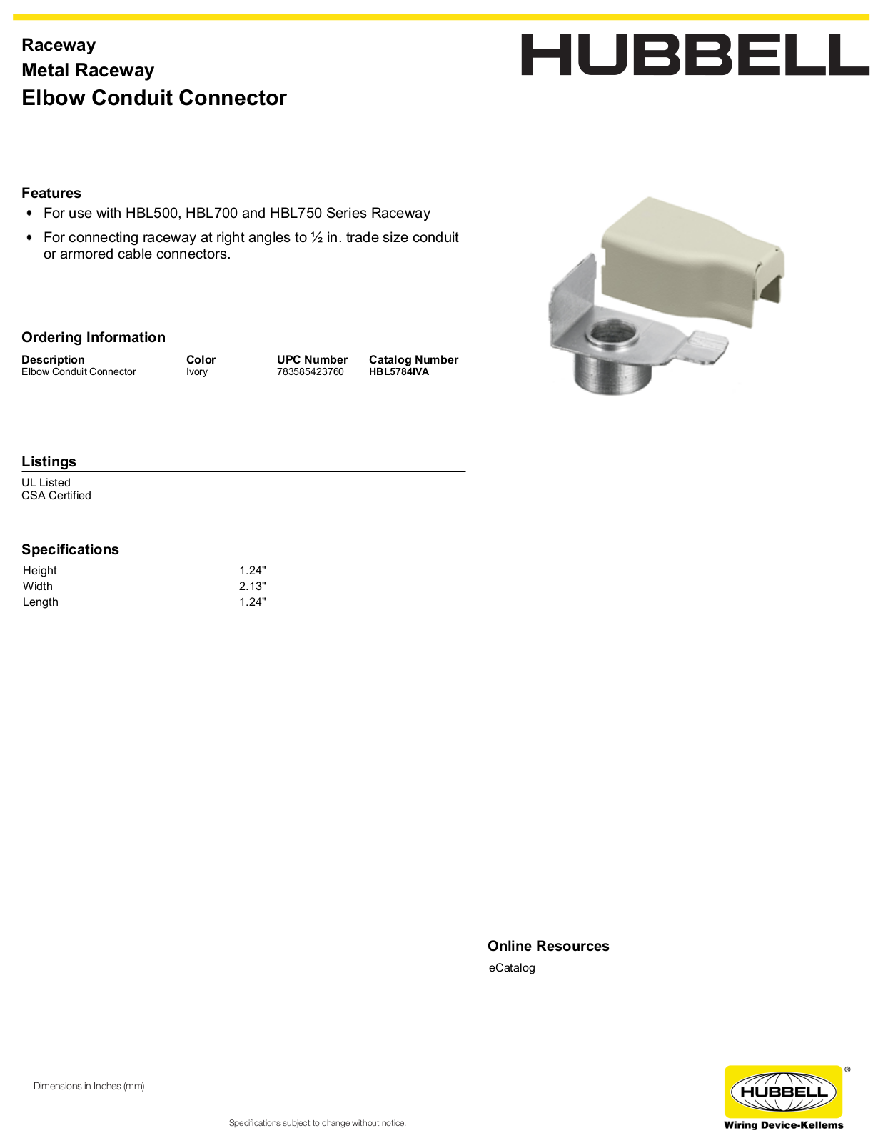 Hubbell HBL5784IVA Specifications