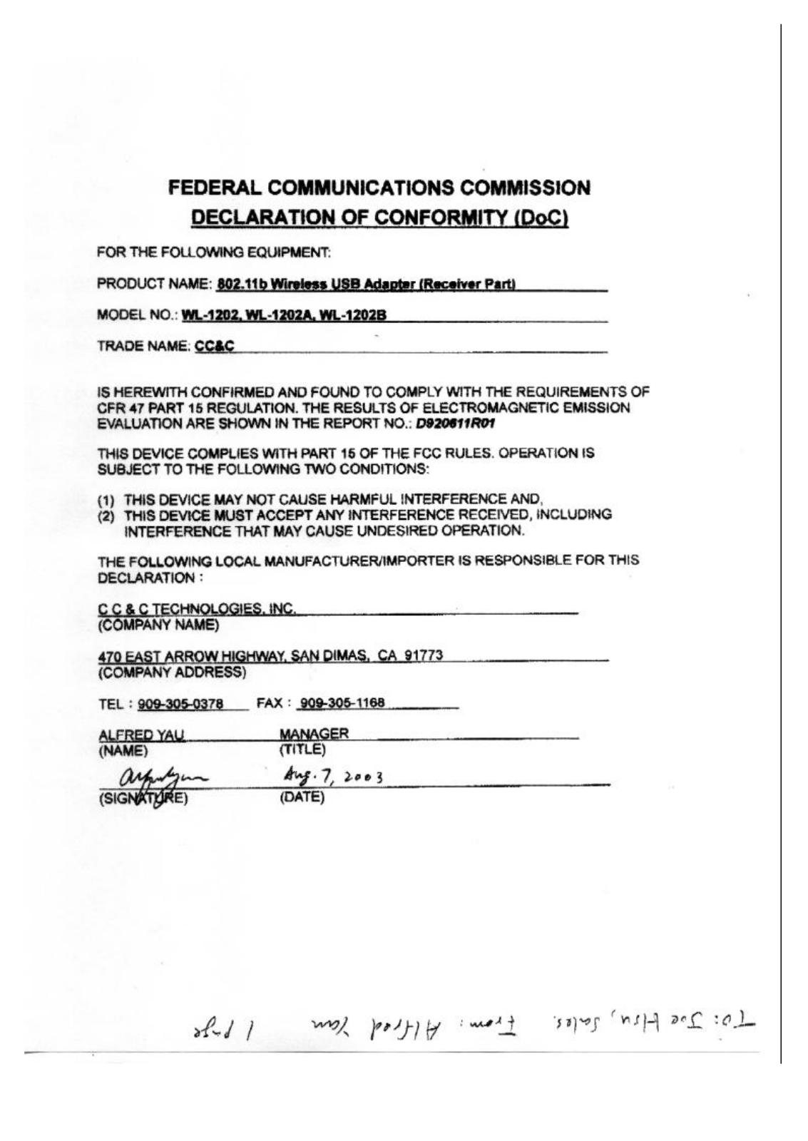 CC and C Technologies WL1202 DoC