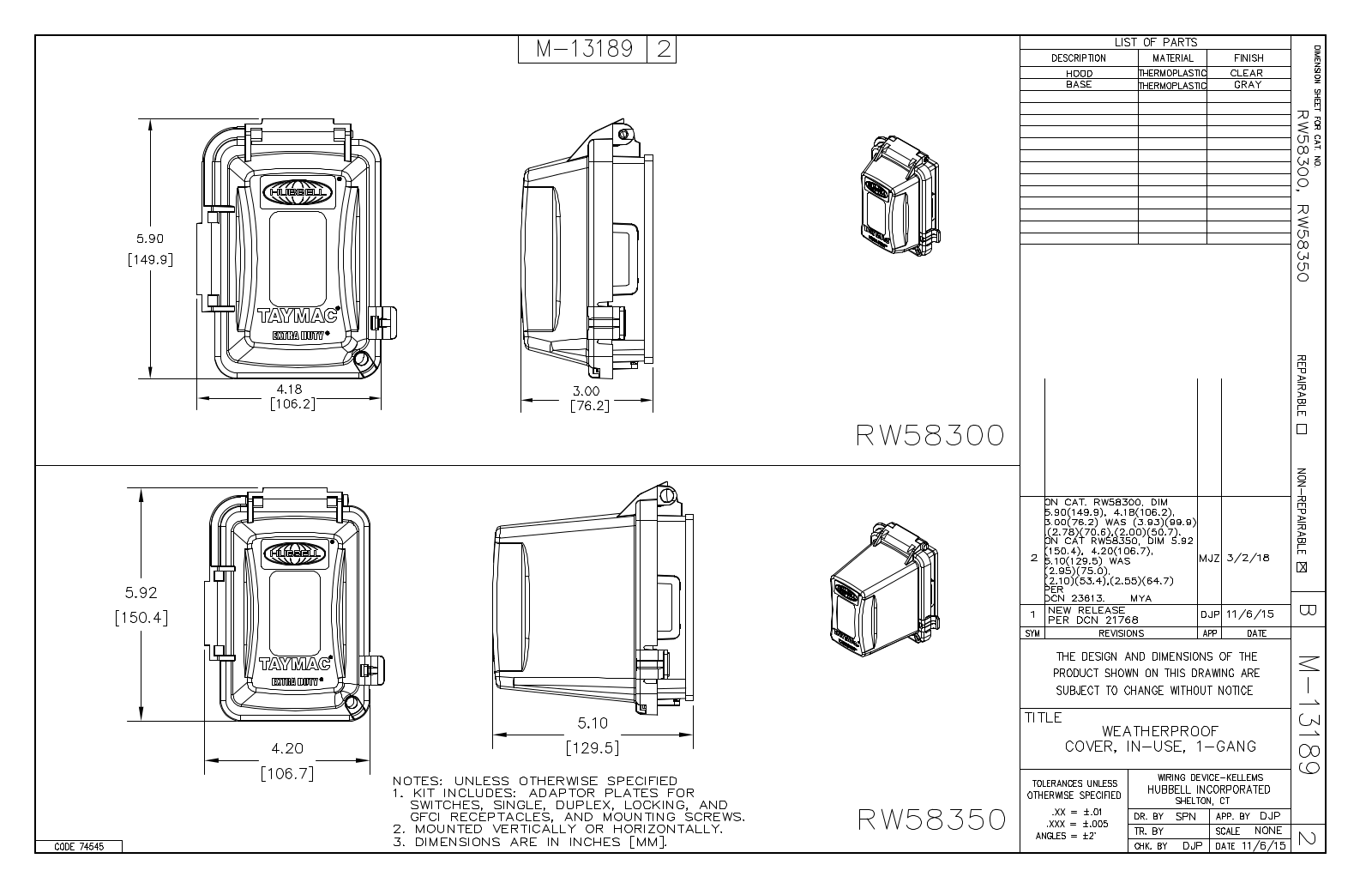 Hubbell RW58300 Reference Drawing