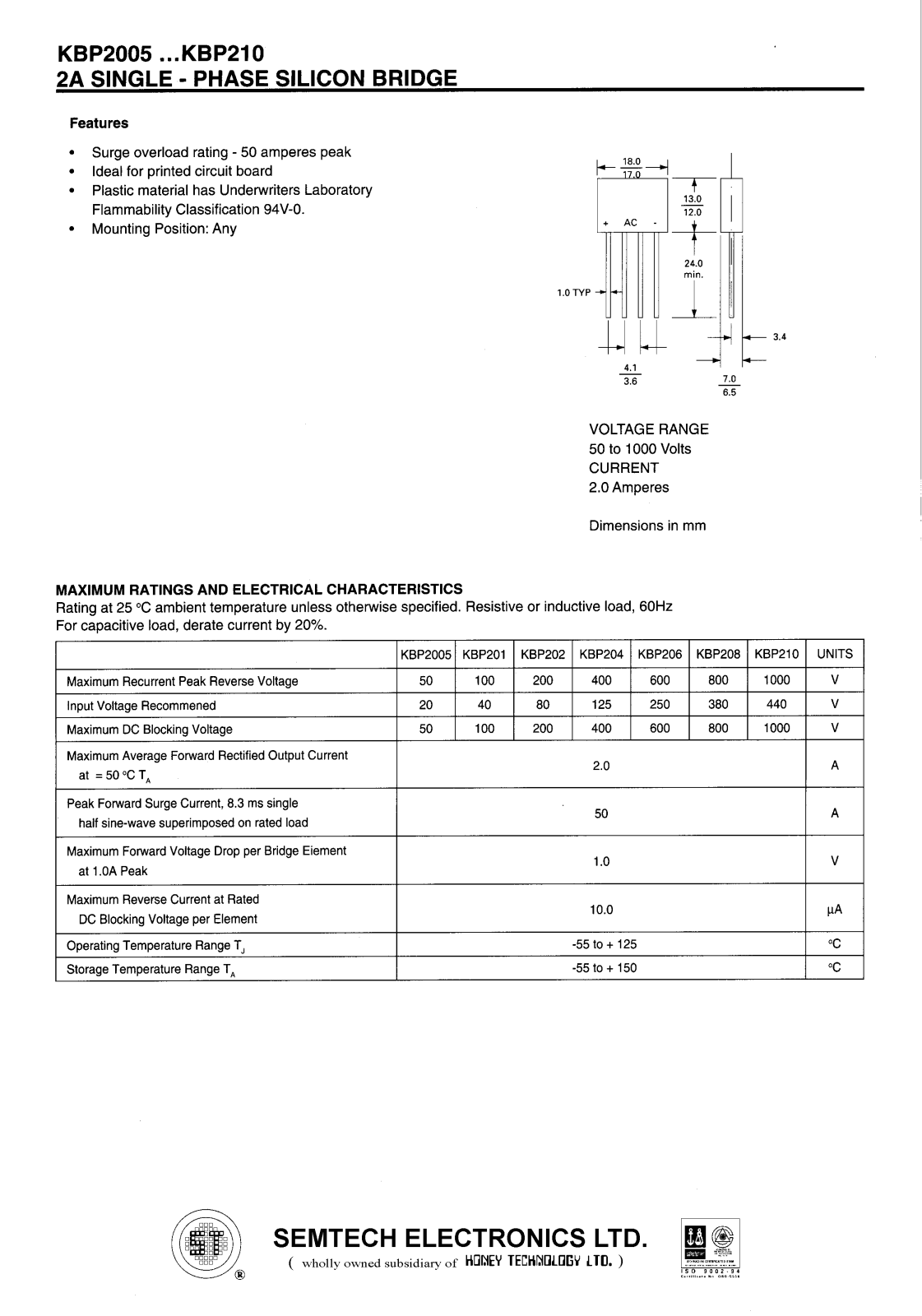 SEMTECH ELECTRONICS KBP210, KBP206, KBP208, KBP201, KBP202 Datasheet