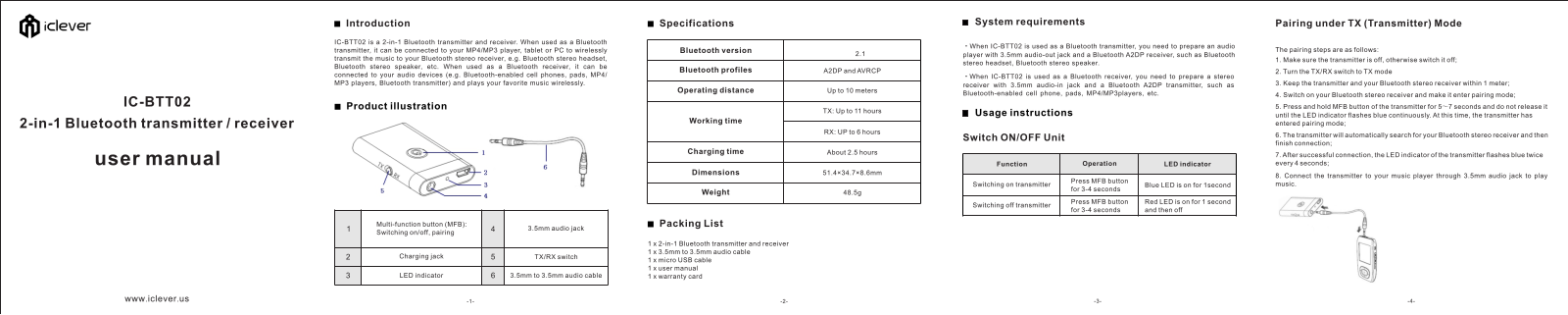 Iclever IC-BTT02 User Manual