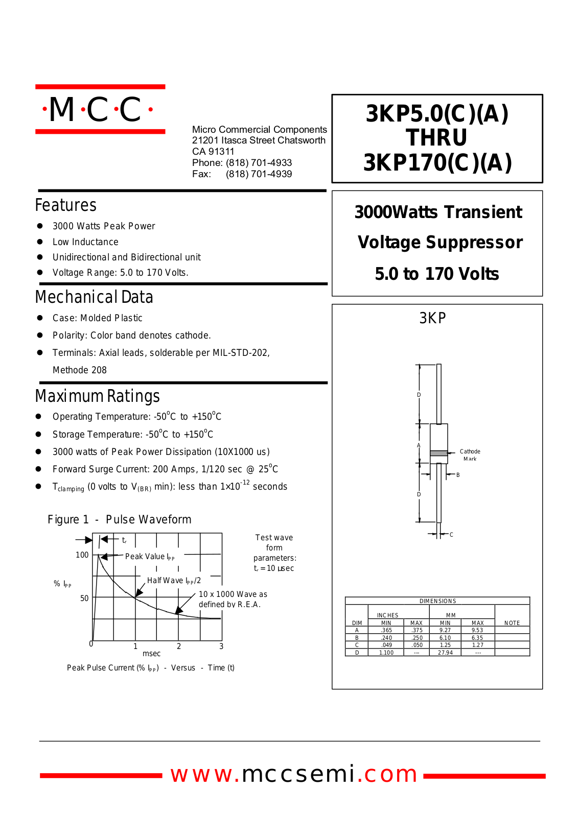 MCC 3KP90CA, 3KP90C, 3KP90A, 3KP90, 3KP85CA Datasheet